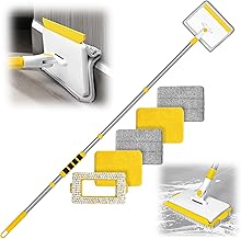 JEHONN Mop Tile Cleaner Device with Long Handle 142 cm, Wall and Skirting Board Cleaner, 4-in-1 Tile Cleaning Device with 1 Brush, 2 Chenille, 2 Microfibre Pads for Flooring Board (Yellow)