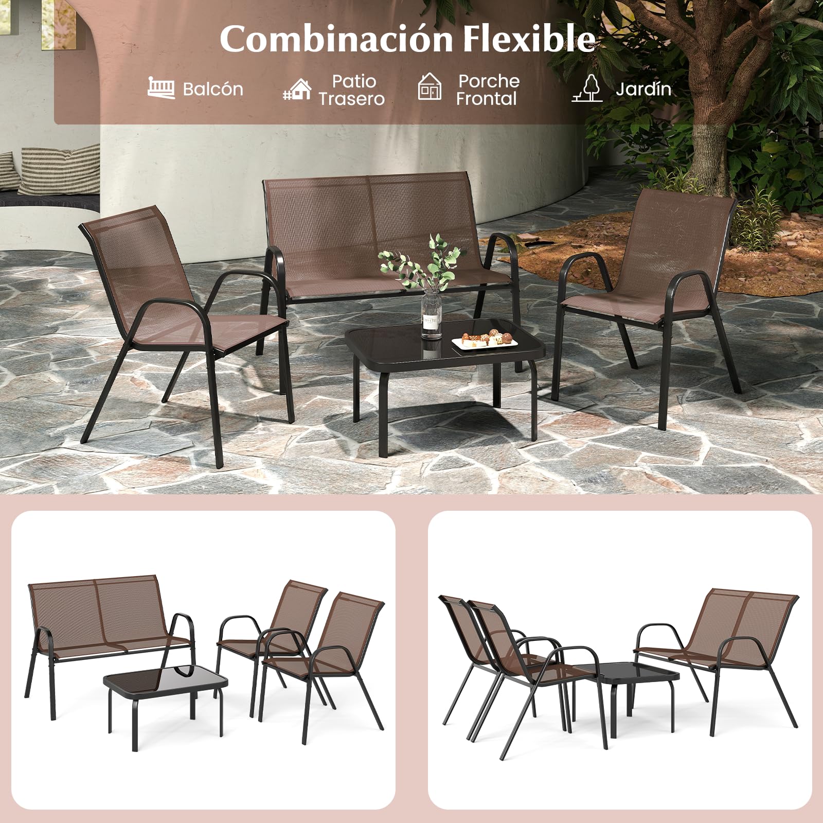 COSTWAY Conjunto Jardin Exterior de 4 Piezas, Mesa de Café de Cristal Templado, Banco y 2 Sillas Individuales, Tela Textilene, Mesa y Sillas, Muebles Jardin Terraza Balcon Exterior (marrón)