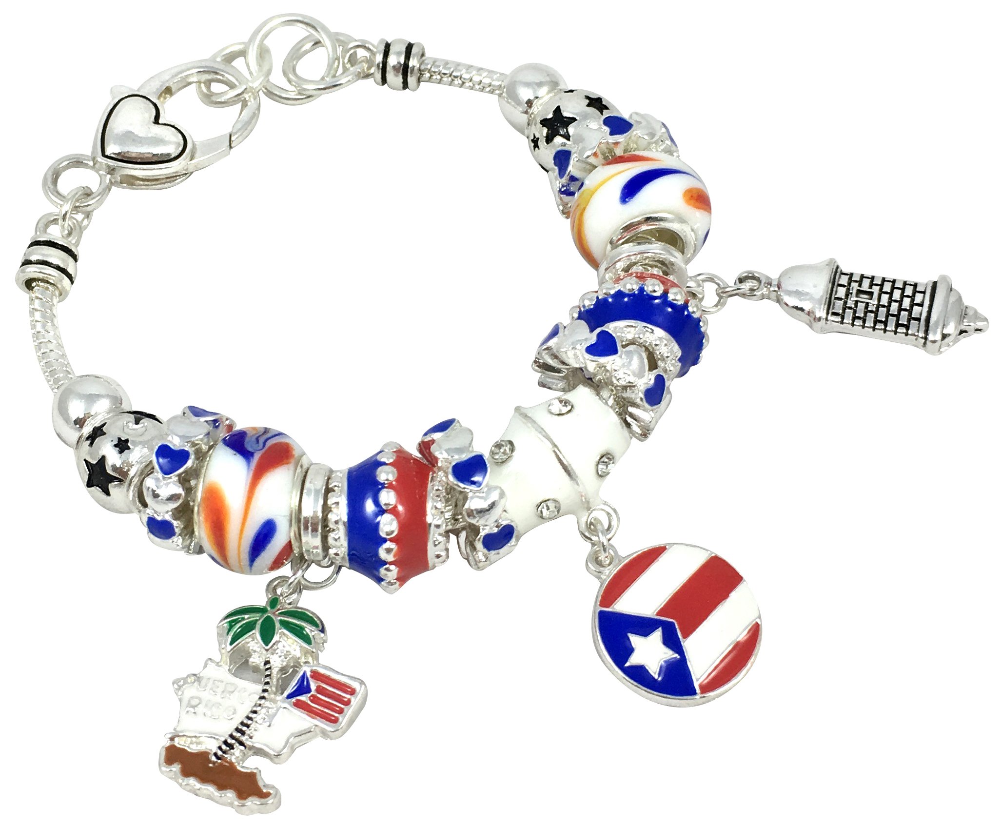 Elosee Puerto Rico Theme Murano Glass Charm Bracelet 7.5 Inch Silver Tone