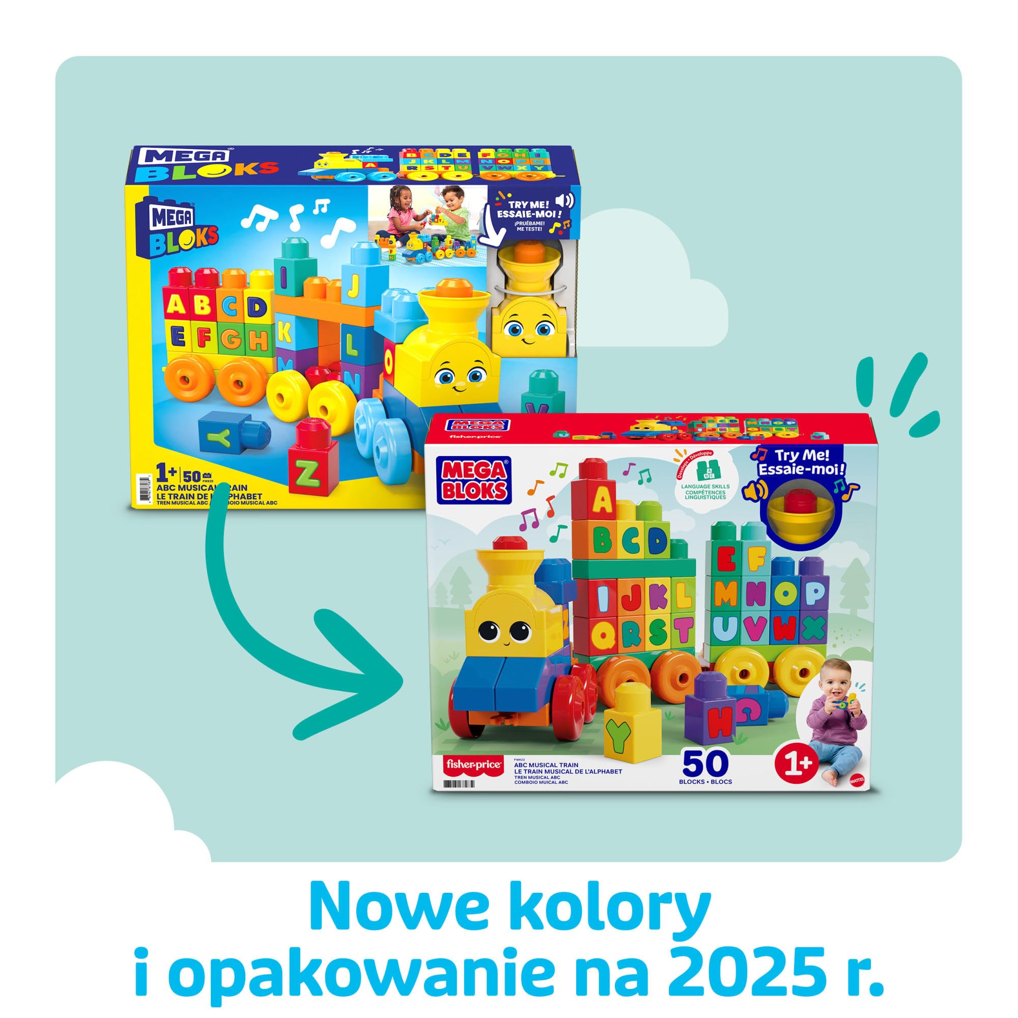 Mega Bloks Muzyczny Pociąg ABC z klockami z literkami odtwarzający realistyczne dźwięki i muzykę, FWK22