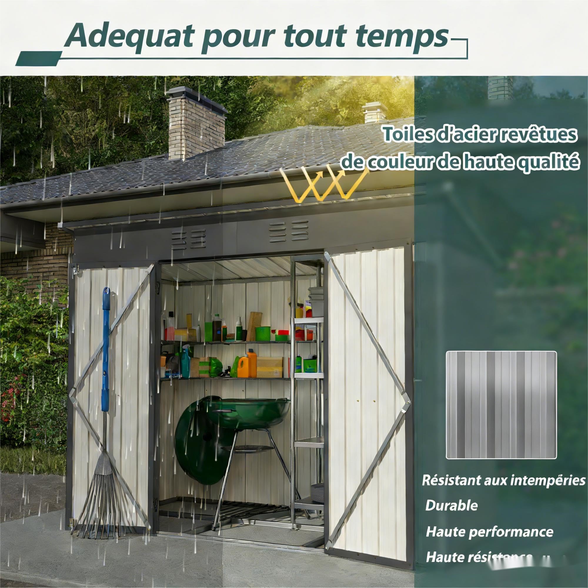 Gartenhaus Braun aus Metall, Geräteschuppen 229x111x182cm Kompakt, Fundament inklusive, Wetterfest und abschließbar, Für kleine Gärten
