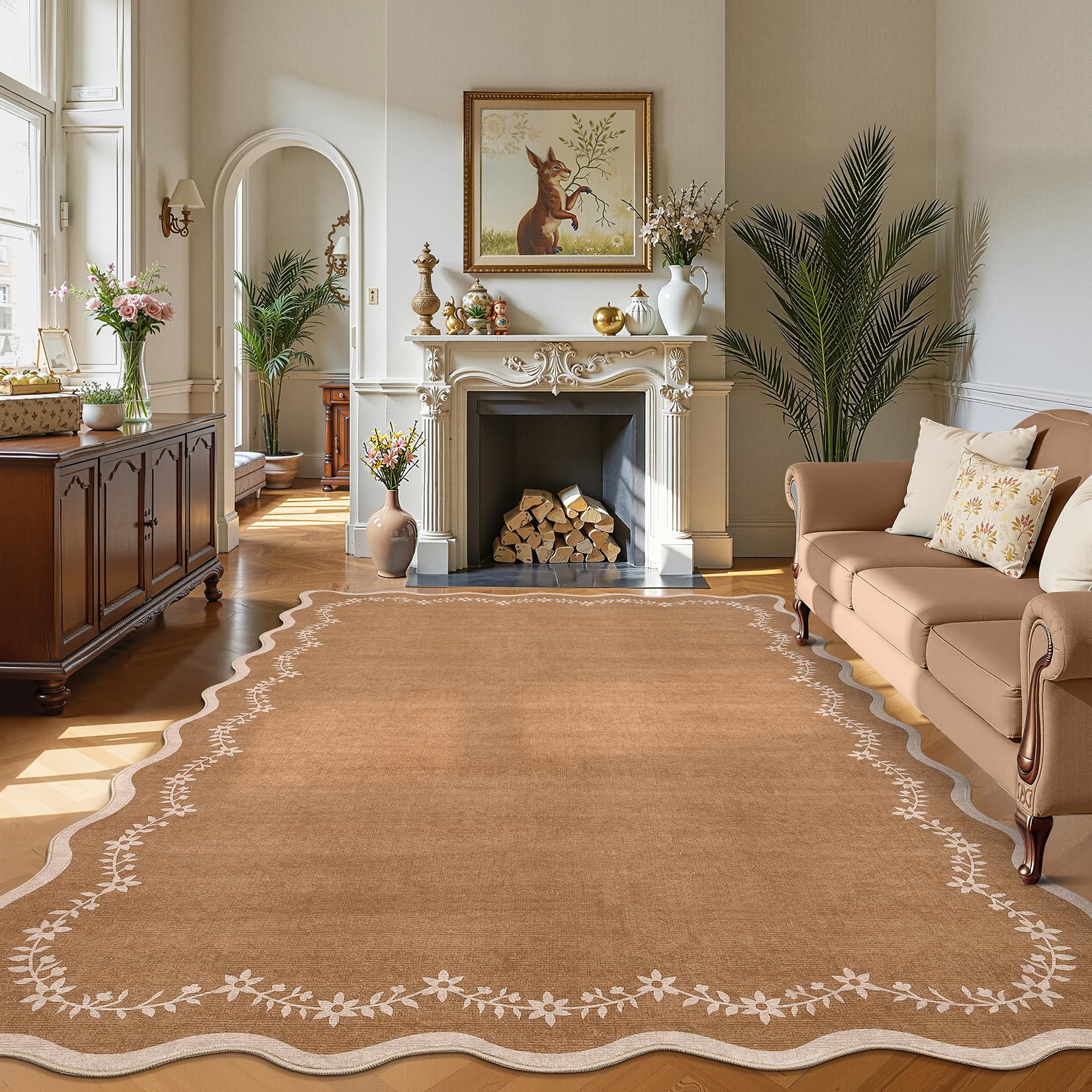 FairyStyle Scalloped Brown Large Rugs Living Room, Washable 200 x 300 cm