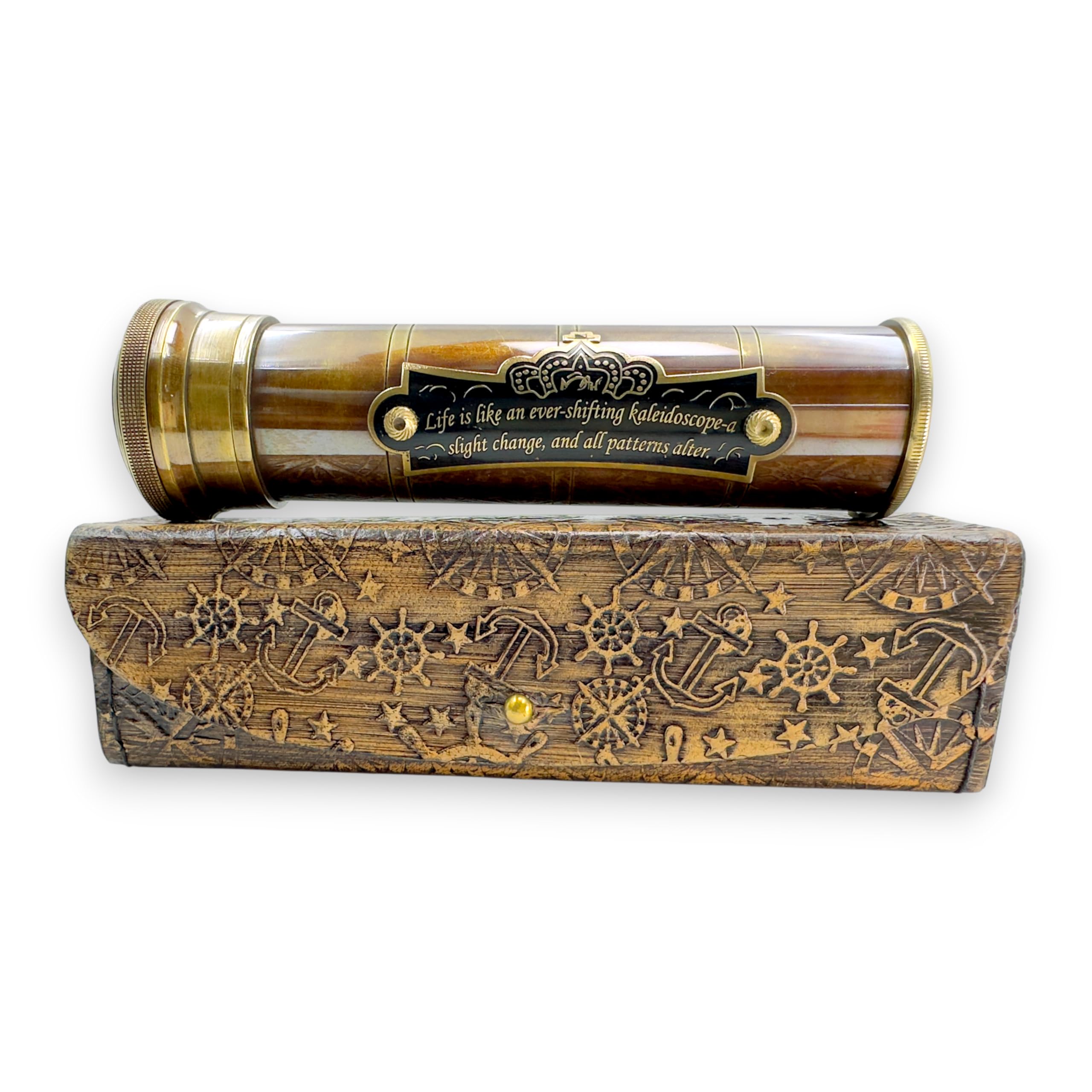 MAH Handcrafted Brass Kaleidoscope – Vintage Nautical Collectible Gift for Adults & Collectors – Sentimental Keepsake with Greeting Card – Decorative Home Décor Accent – Timeless Pattern Design