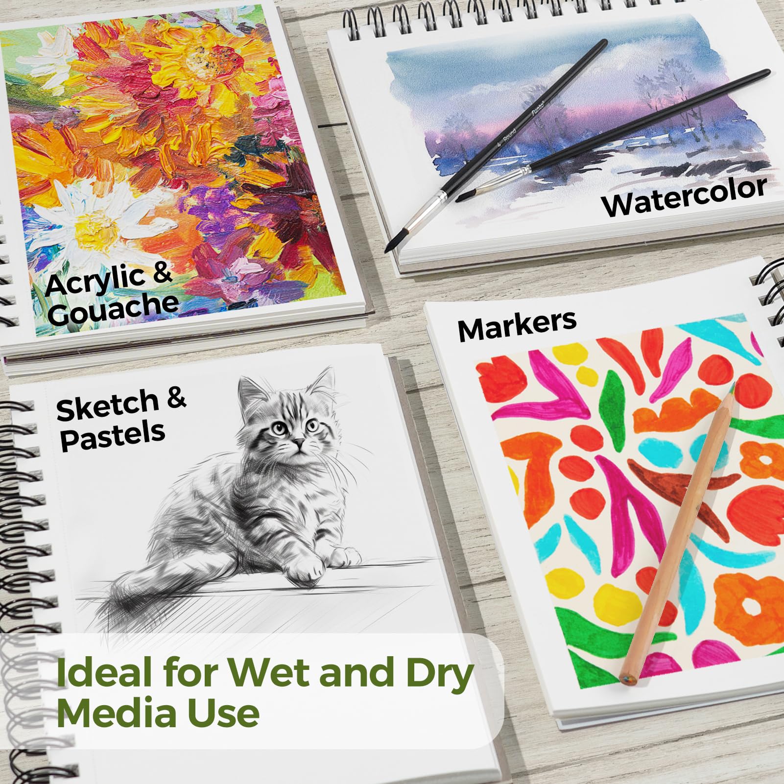 Funto Bloc De Papier Aquarelle 10x7"(25,4x17,78cm), Lot de 3, 90 feuilles, 140 lb/300 g/m², papier pressé à froid recto verso, reliure spirale, papier épais pour peinture à l'aquarelle