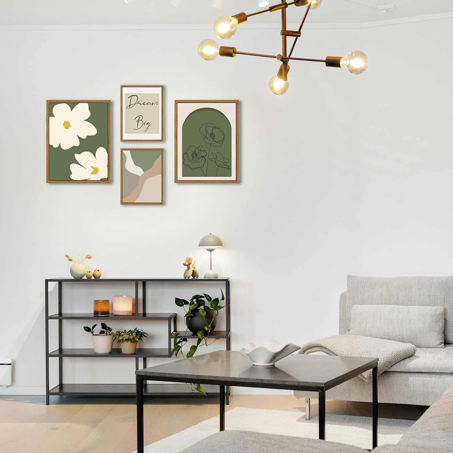 NIKICEE Green Boho Wall Art Set of 4, Minimalist Framed Wall Art Beige Green Canvas Artwork Paintings, Abstract Botanical Boho Room Decor, Office, Living room