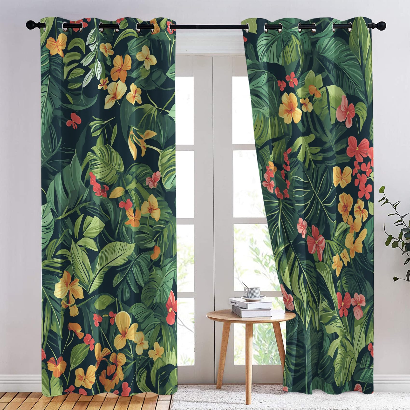 Generisch Grüne Blätter Vorhang, Blumenmuster Gardinen mit Ösen 2er Set Verdunkelungsvorhang, Modern Floral Vorhänge, Wohnzimmer Schlafzimmer Kinderzimmer Blickdichte vorhänge, 280x260 cm j1&-152