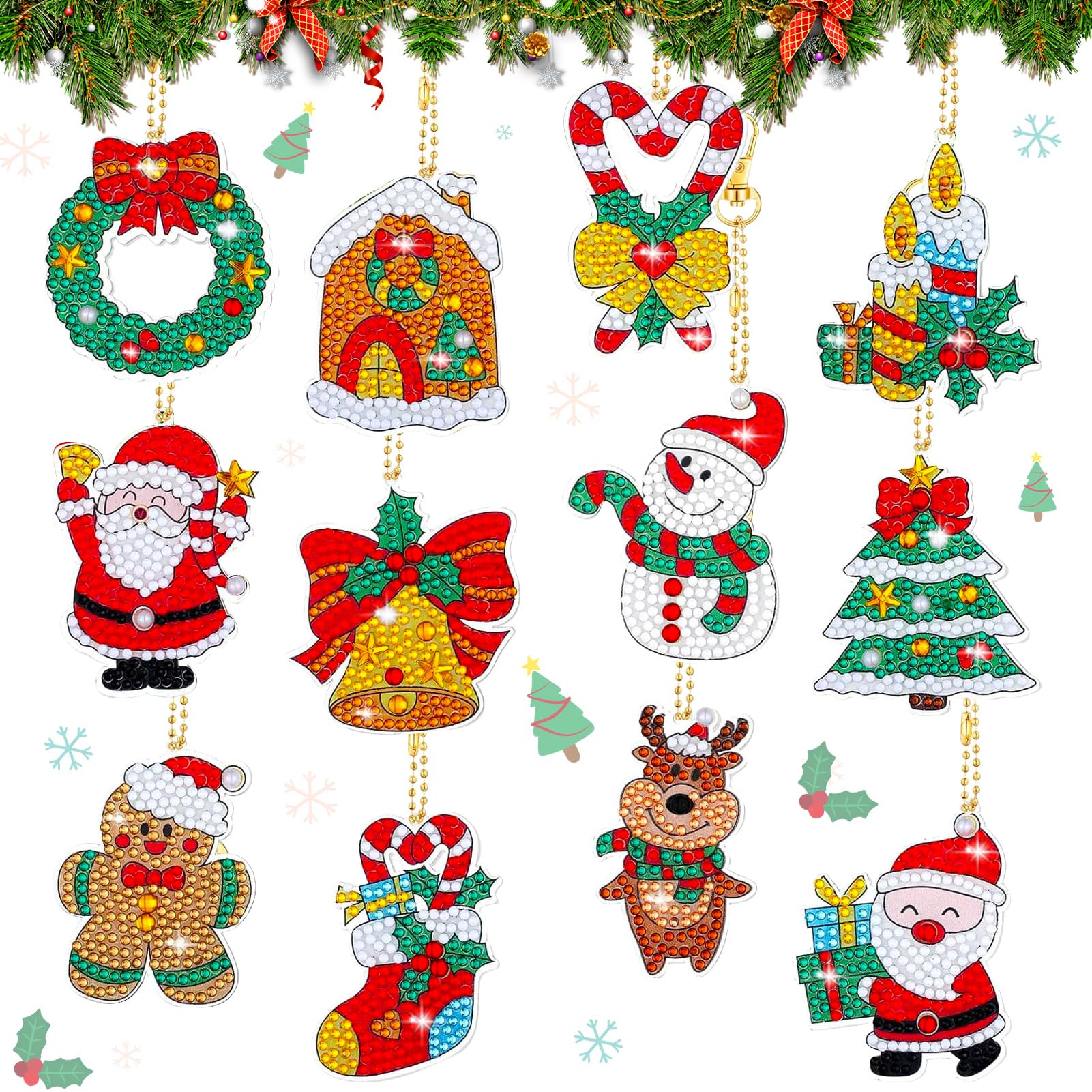 12pcs Christmas Diamond Painting Keychain DIY Diamond Painting Kit Christmas Hanging Diamond Art Kits Diamond Art Christmas Ornaments for Key Ring Phone Charm Crafts Family Decor (Keychain A)