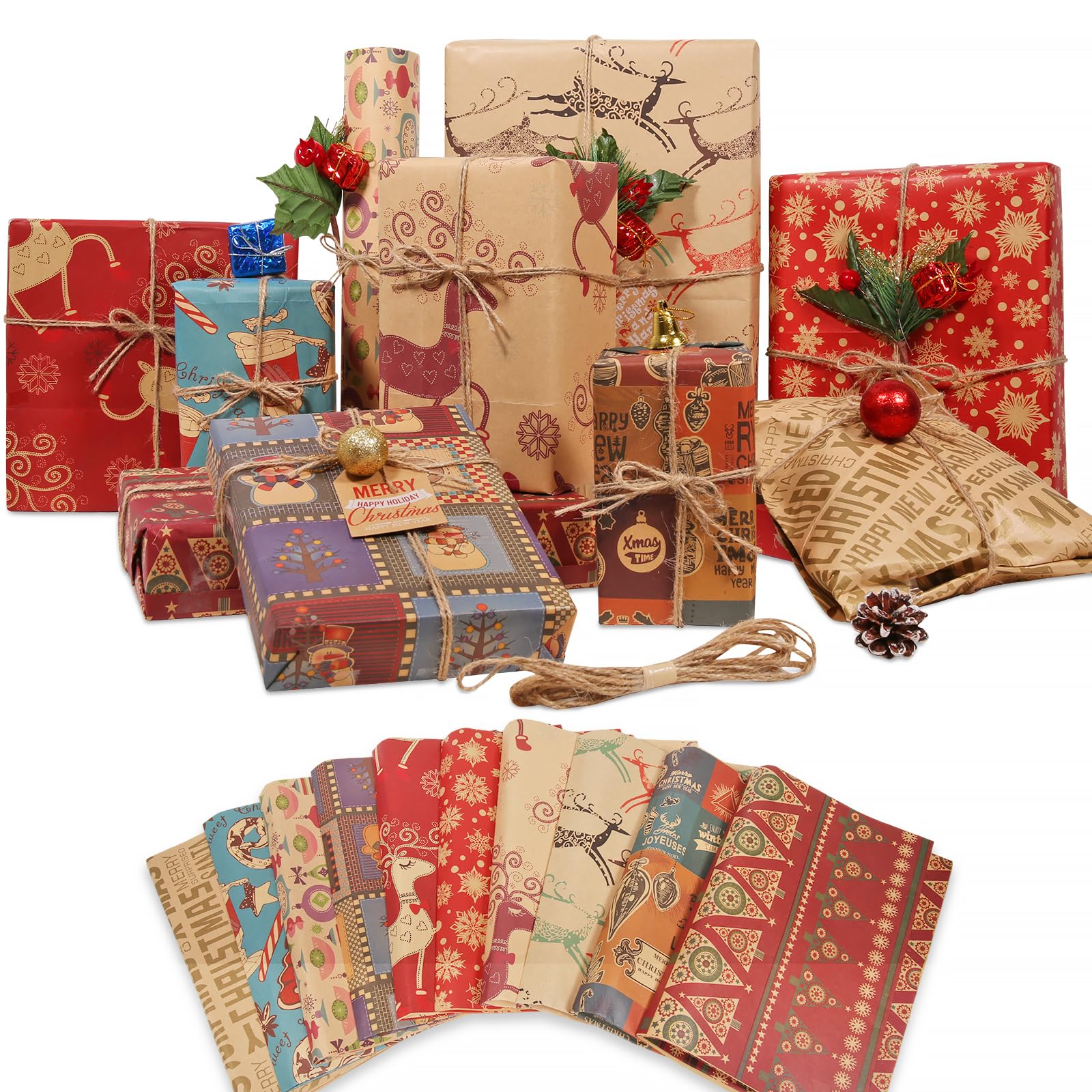 12 Sheets Christmas Wrapping Paper - 70x50cm Thick Kraft Gift Wrap Set with 10m Jute Twine & 10 Tags - 10 Rustic Designs (Reindeer, Snowman, Typography) - Recyclable Folded Paper for Xmas Presents
