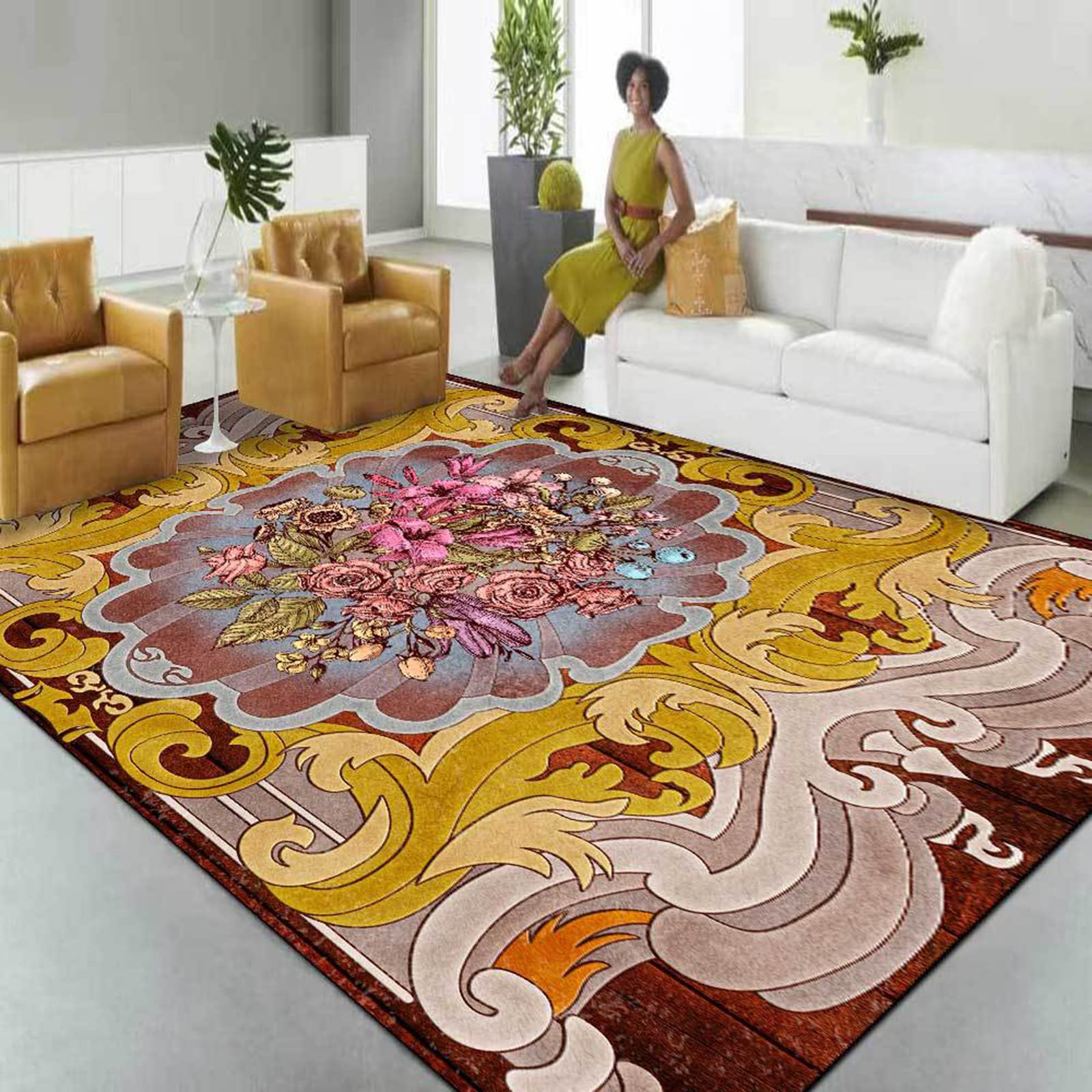 ヨーロッパ式絨毯の客間に茶敷を敷いて、寝室のベッドのそばの絨毯を