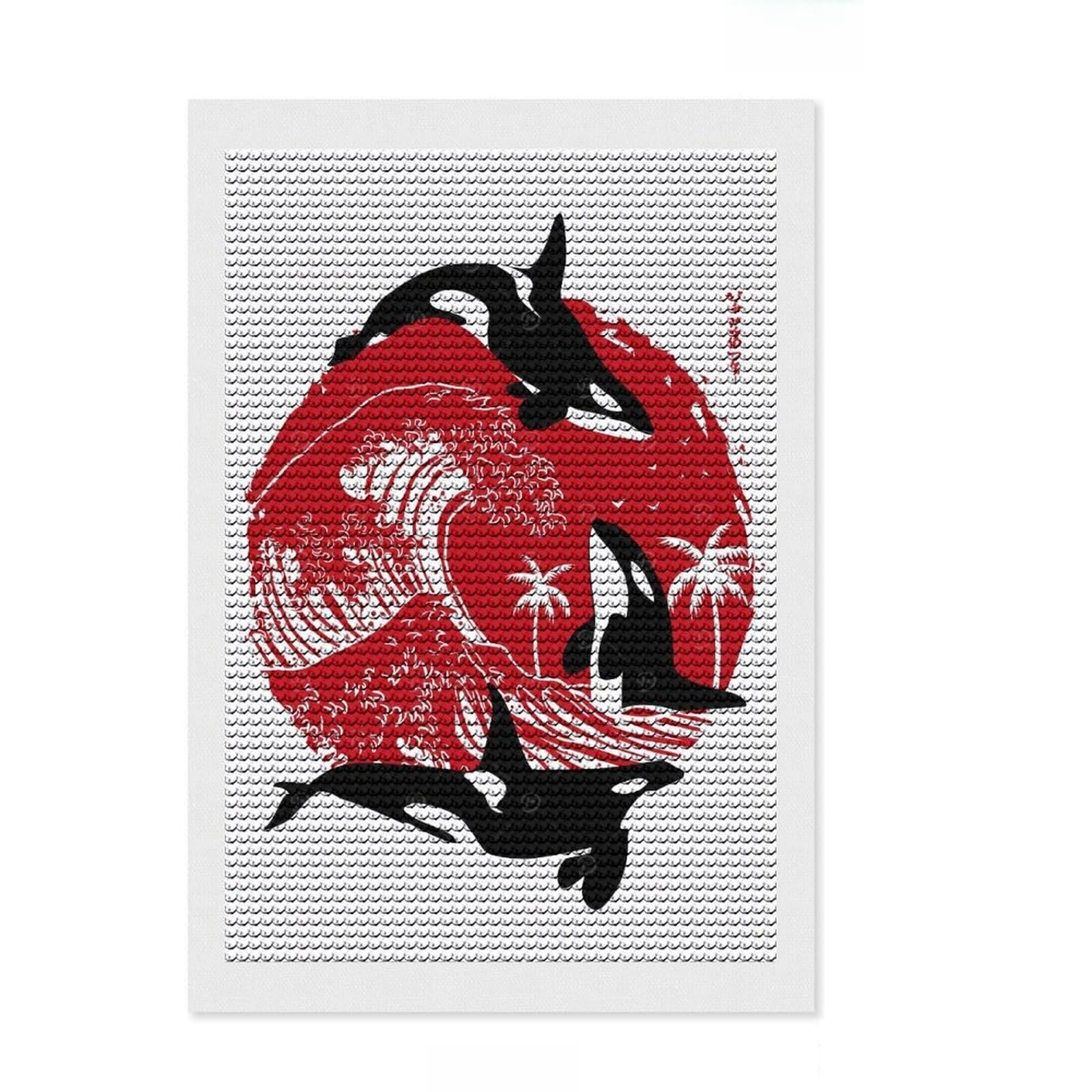 Junmoney Orcas in The Great Wave Diamond Art Canvas 8"x12", Sparkling Round Gems, Neat Printed Canvas, with Tool Kit, Office Decor, Printed Canvas