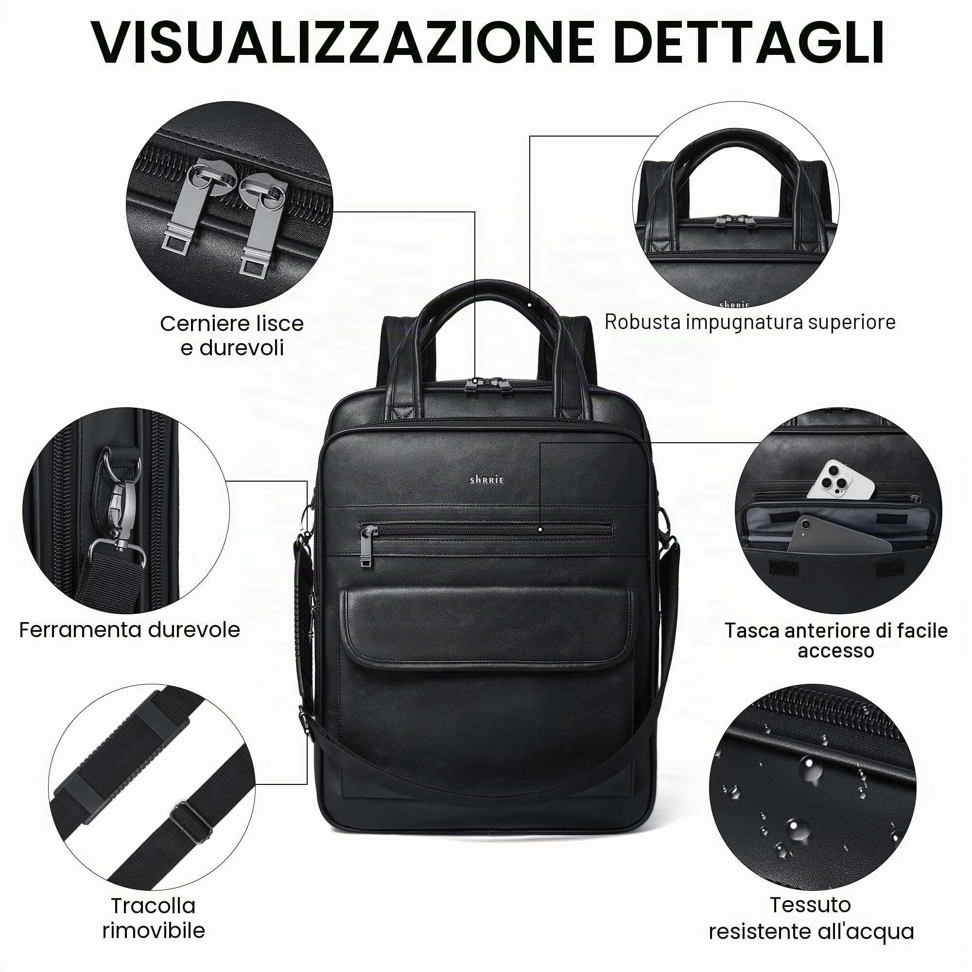 Shrrie Zaino per computer portatile per donne e uomini, computer in pelle vegano da 15,6 pollici Zaino professionale resistente all'acqua il lavoro Business College Travel Office,
