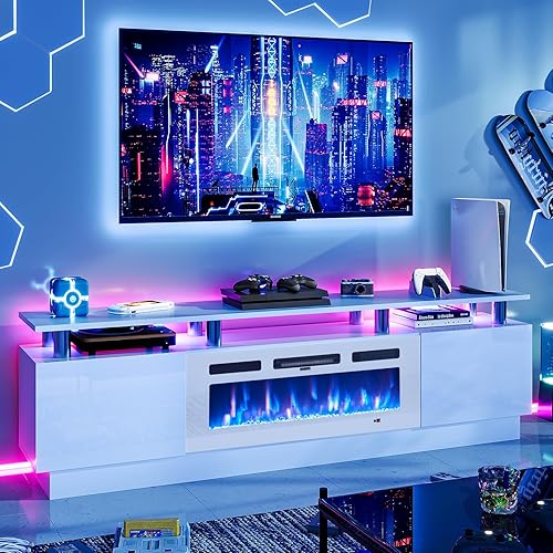 Miniatura 16 de oneinmil Soporte de consola de TV de 2 niveles con chimenea eléctrica de 36 pulgadas, centro de entretenimiento con luz LED para televisores de