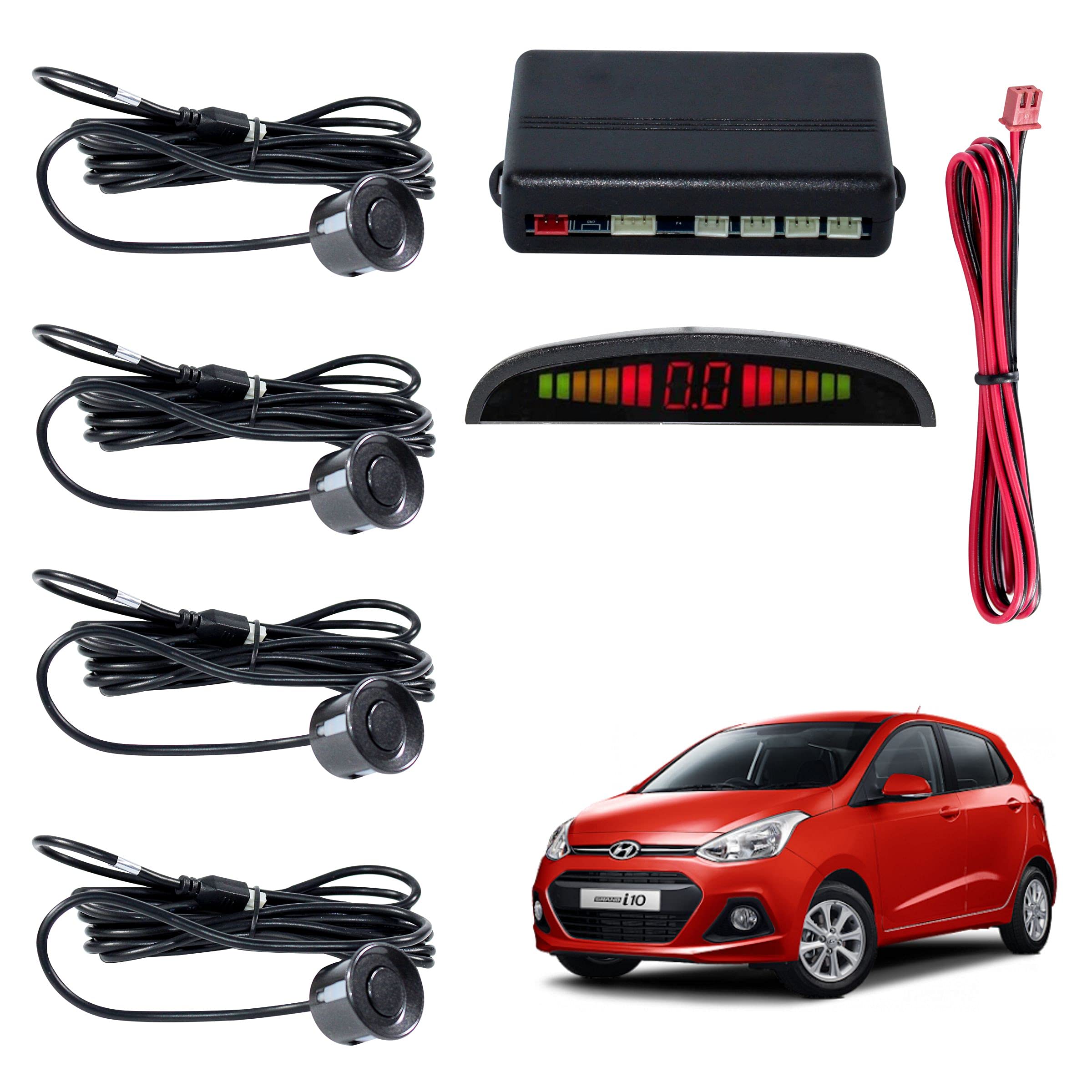 car reverse parking sensor with led display 4 sensor reverse parking auto radar detectors for hyundai grand i10 (black)