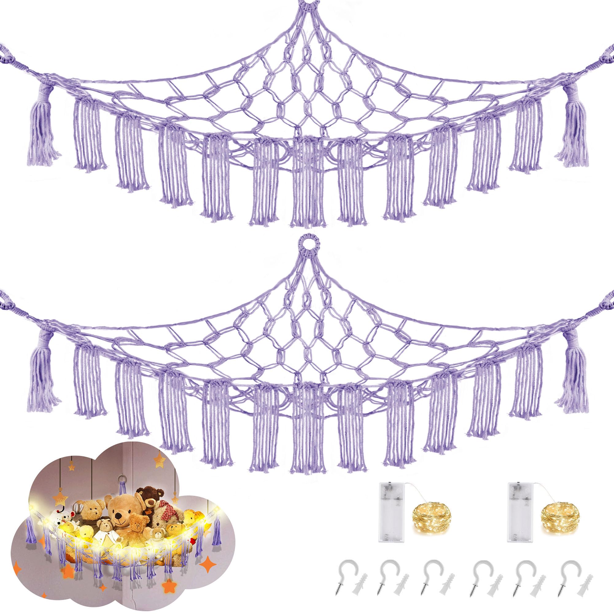 CERETIA Stuffed Animal Hammock Corner Plushie Net Storage, 2 Packs Purple