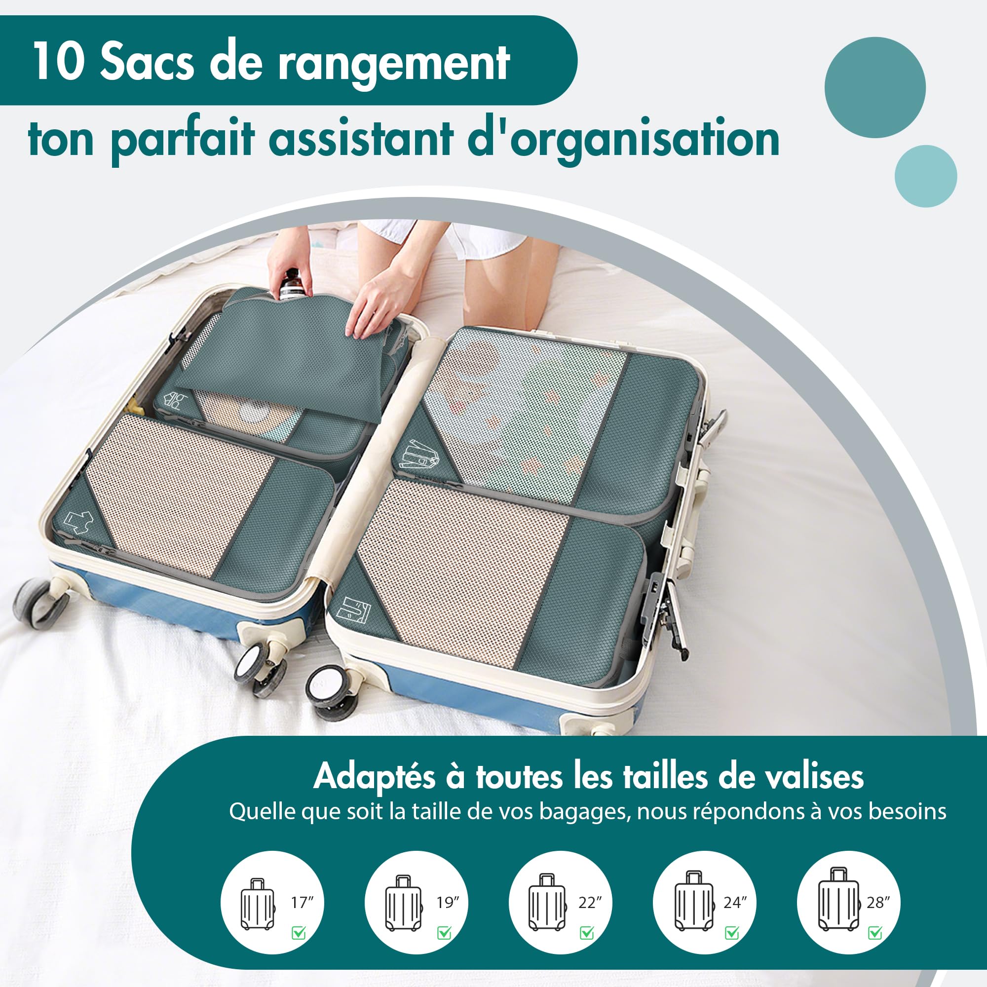 Lot de 10 Organisateurs de Valise à Compression, Packing Cubes Compression Gris, Pochettes de Rangement Voyage en Maille, Cubes de Bagage Multi-Tailles avec Sacs à Chaussures et Accessoires