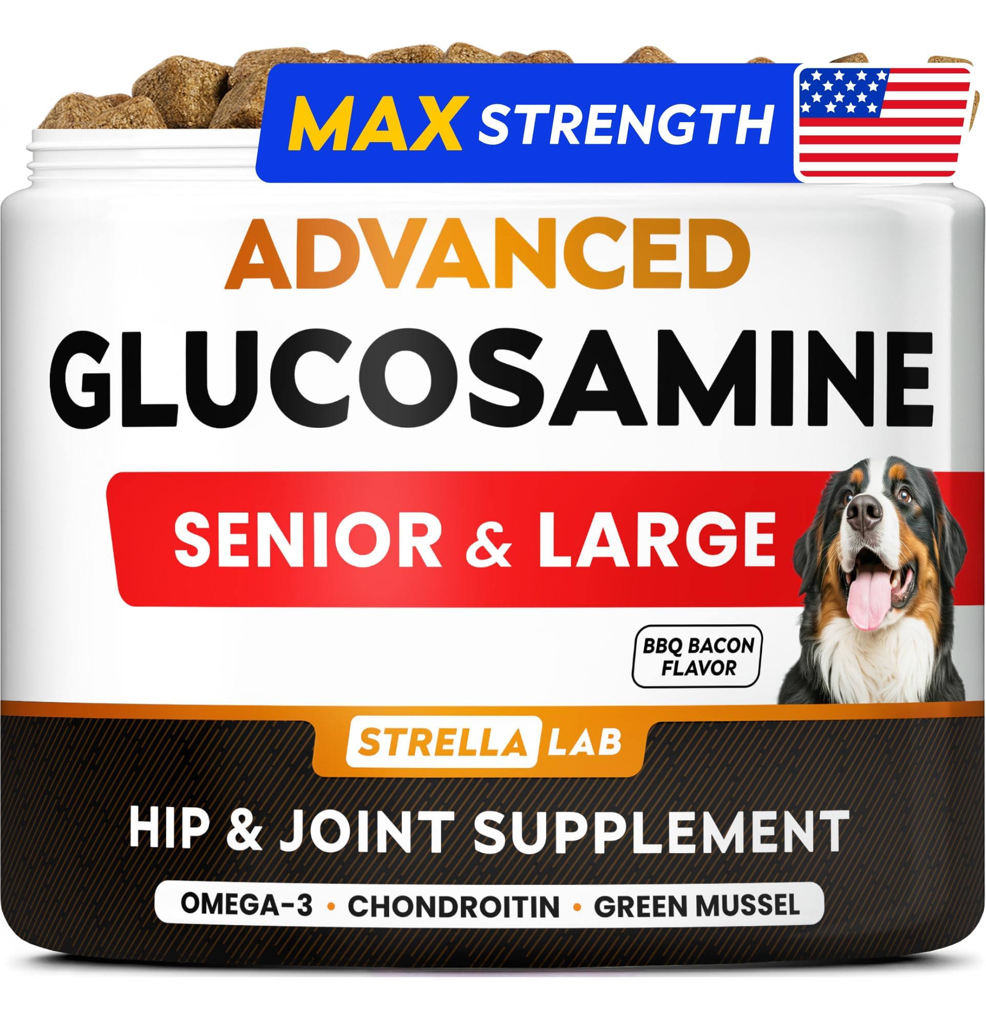 Advanced Glucosamine Hip & Joint Supplement for Senior Dogs - Green Lipped Mussel & Collagen - Hip & Joint Pain Relief - Large & Small Breed - Joint Health - Bacon - 120 Chews
