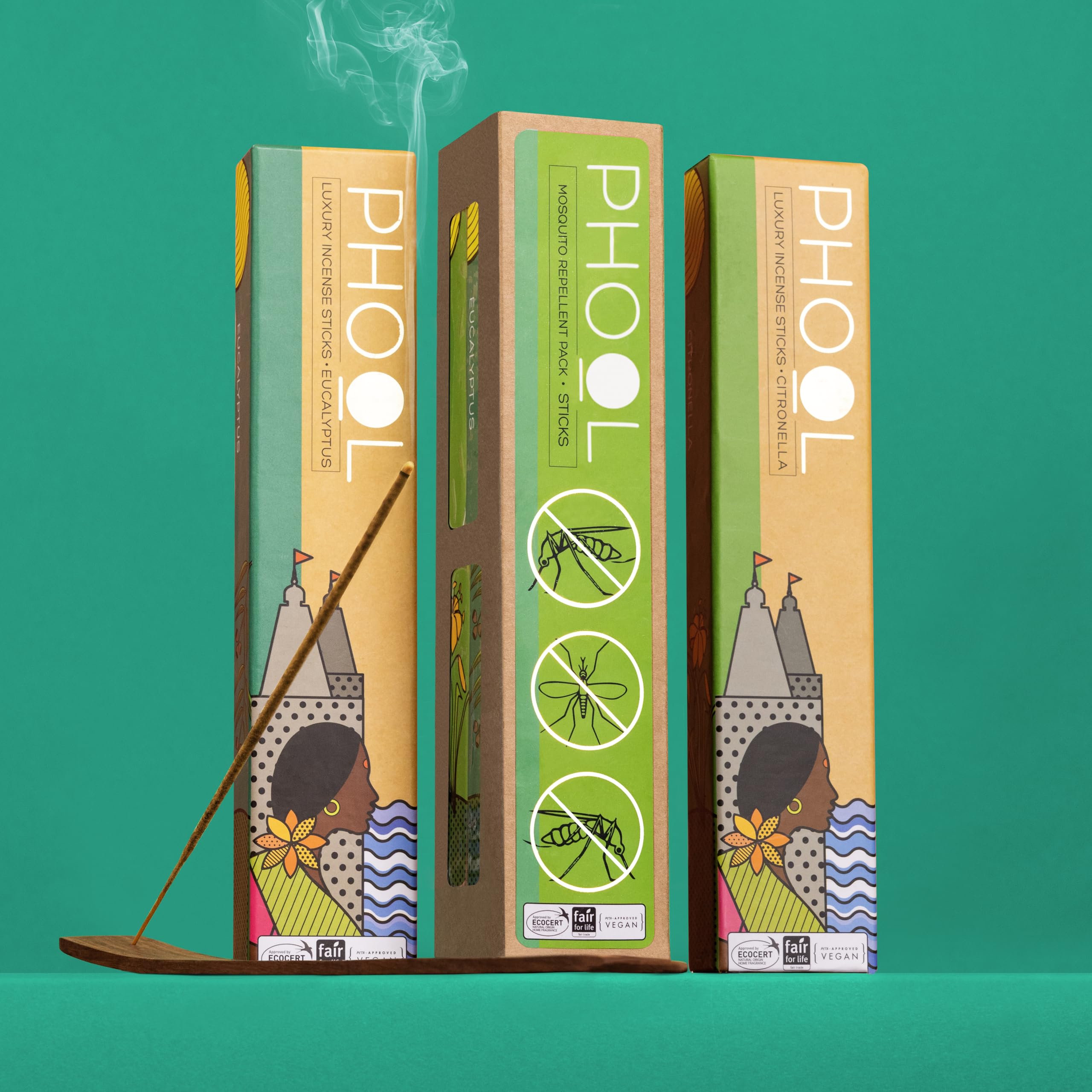 Phool Pack of 2 Mosquito Repellent agarbatti, Citronella and Eucalyptus Natural Incense Sticks, Pack(80 Organic Agarbatti Sticks),Free Wooden Stand |Handrolled |Sulphur & Charcoal Free |100% Organic.