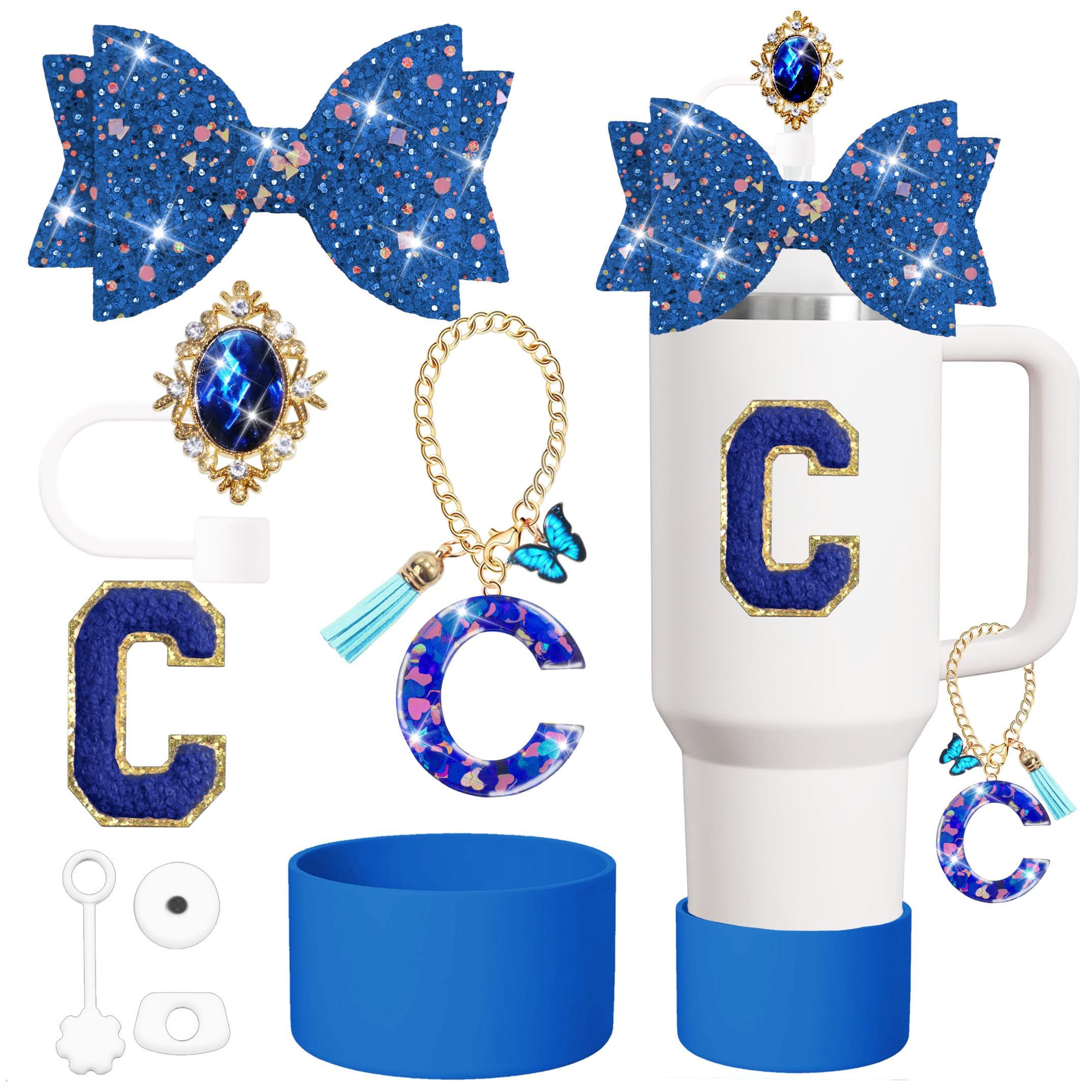 Stanley Cup Accessories Set – 8Pcs Including Silicone Boot, Straw Topper, Charms, Stickers & Handle (Purple)