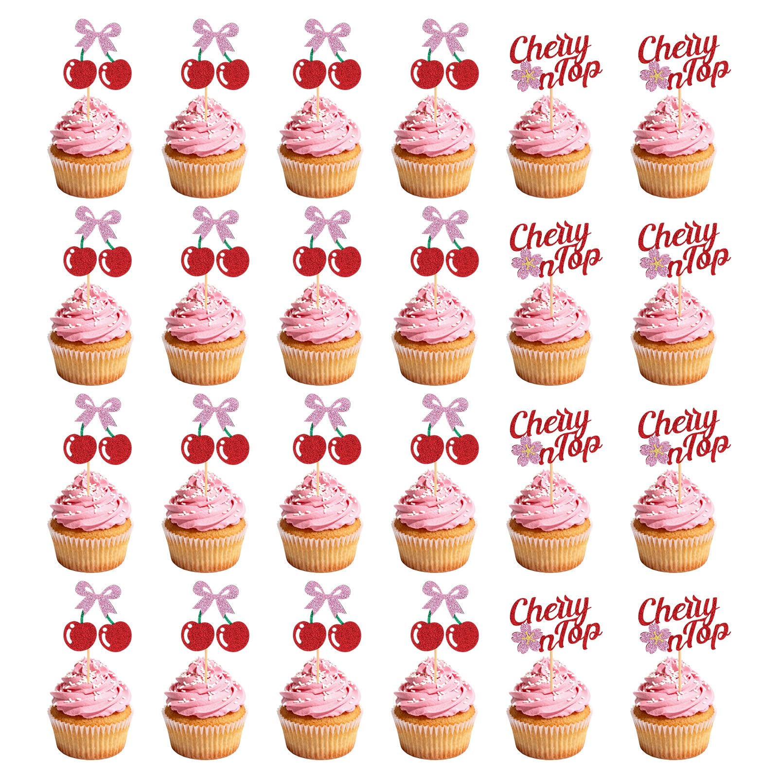 24pcs Cupcake Toppers, Red Glitter Cake Toppers Fruit Theme Party Decorations for Baby Shower and Bridal Shower