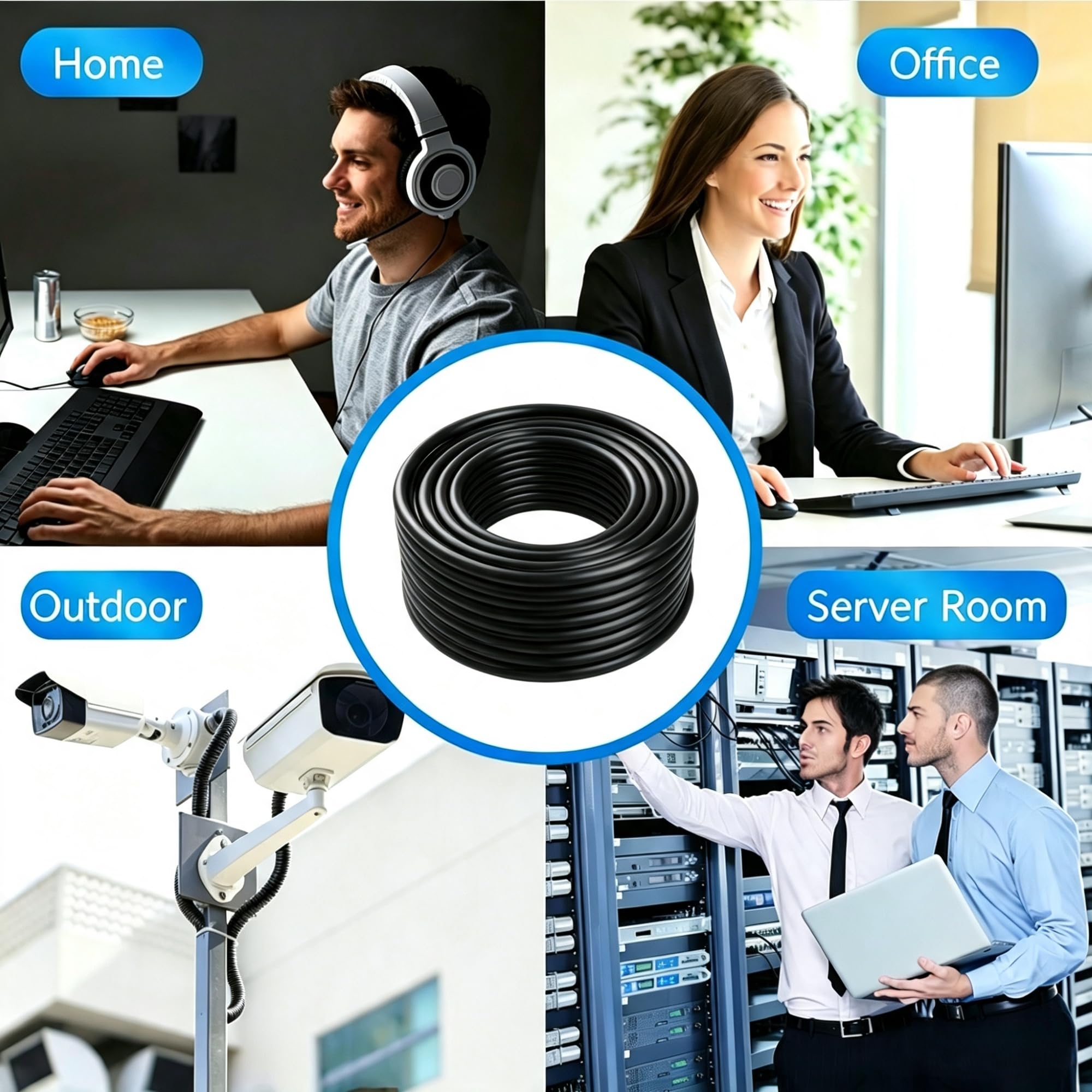 100 m czarny kabel Ethernet CAT 7, kabel sieciowy LAN, 10 Gbps, zewnętrzny kabel instalacyjny, miedziany AWG24, czarny, wodoodporny kabel sieciowy do użytku na zewnątrz, odporny na