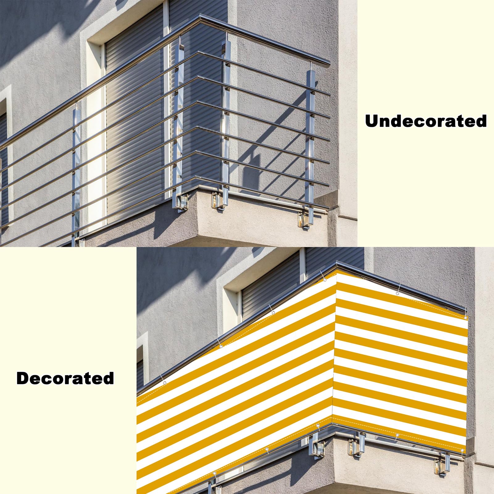 Balkon na zewnątrz, 3 m x 10 m, odporna na warunki atmosferyczne, tkanina HDPE, łatwa pielęgnacja, ogrodzenie prywatności, różne rozmiary i kolory, żółte paski, osłona balkonowa do mieszkań