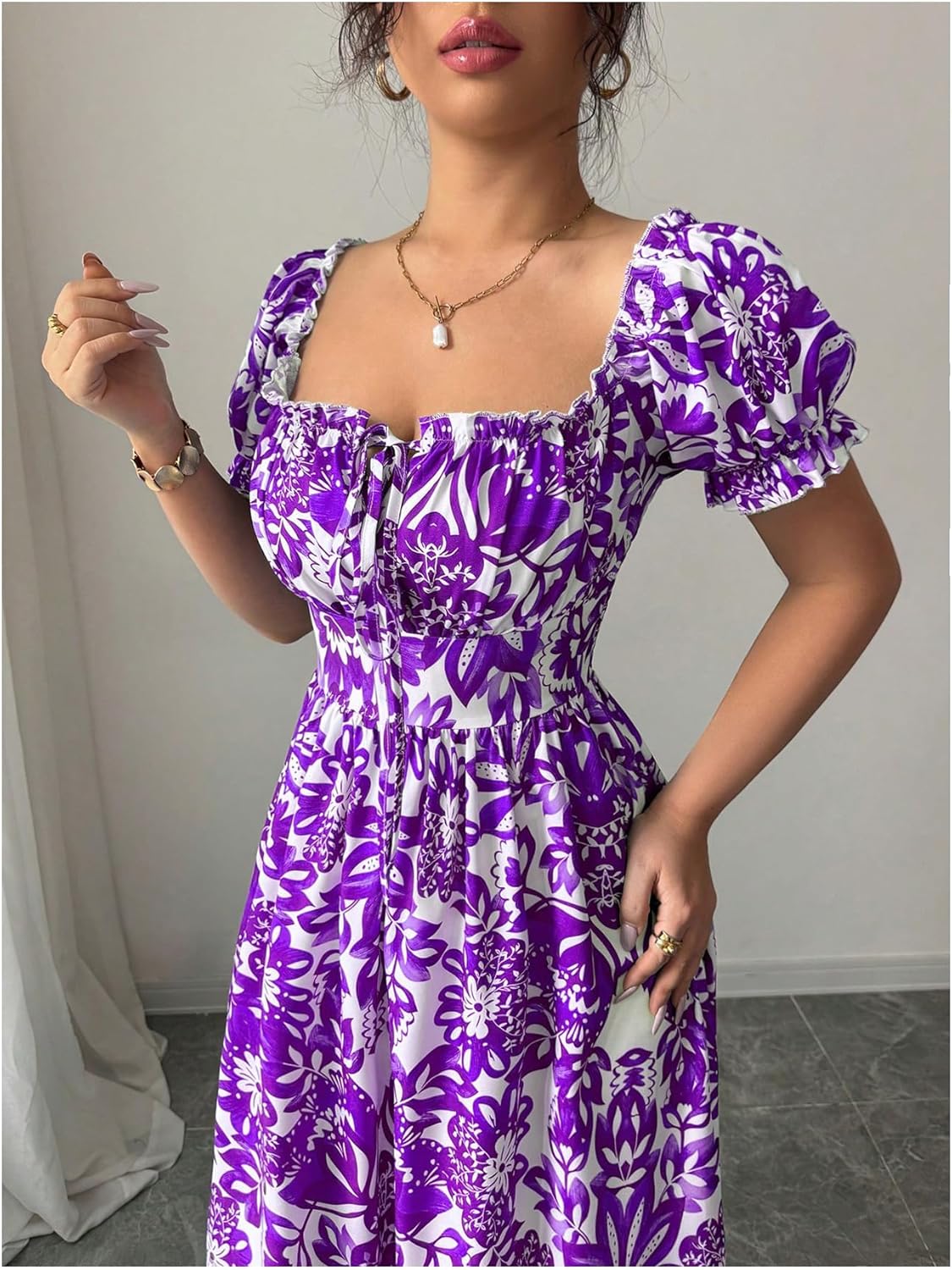 Floerns Women's Floral Short Puff Sleeve Milkmaid Dress Boho A Line Long Dresses - Image 5