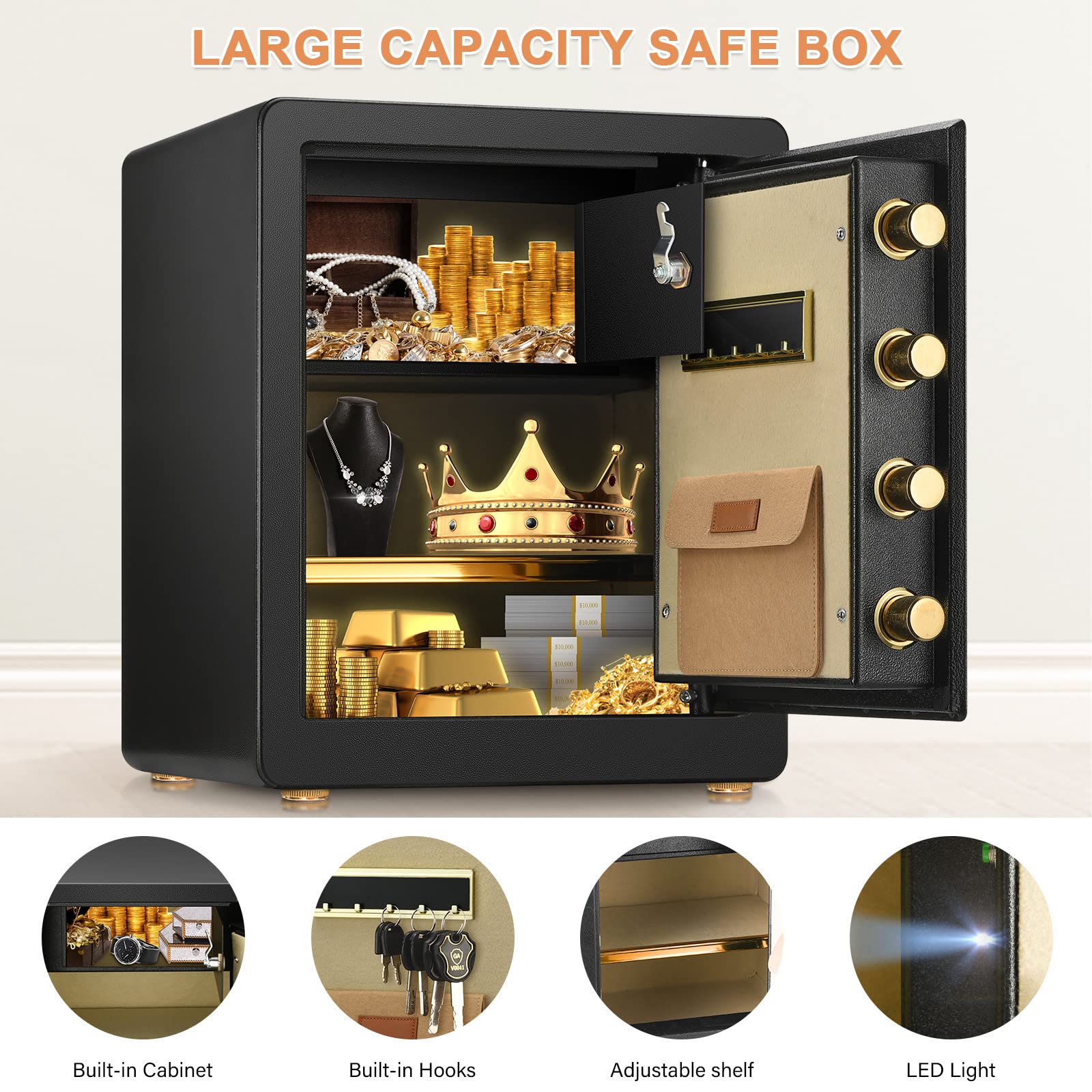 2.2 Cub Safe Box Fireproof Waterproof, Security Home Safe with Fireproof Document Bag, Digital Keypad LCD Display Inner Cabinet Box, Large Fireproof Safe for Money Jewelry Document Valuables