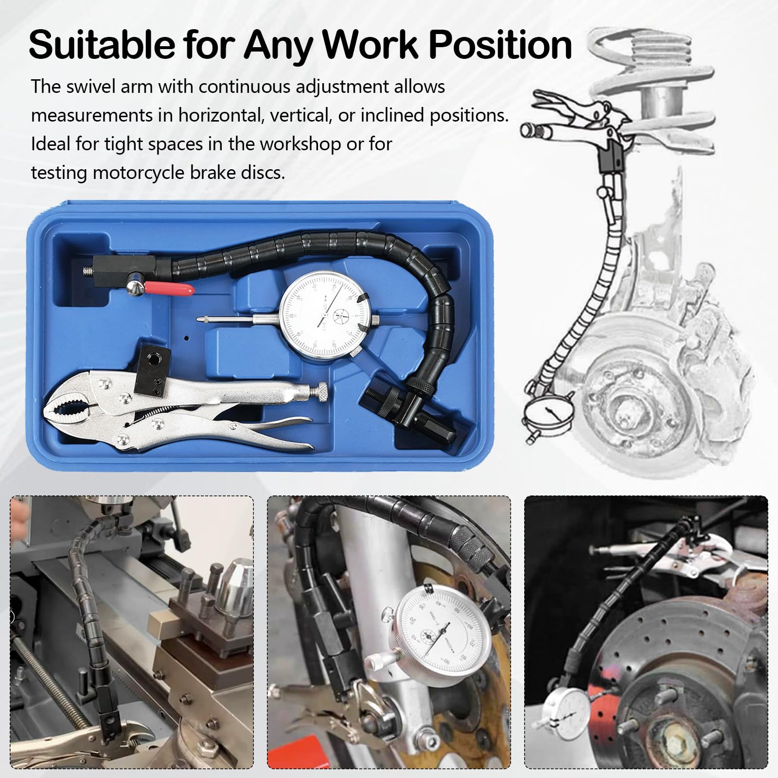 Reloj Comparador de Precisión, 0,01 mm de Lectura Rango 10 mm Brazo Flexible con Abrazadera Soporte para Laboratorio Taller Impresora 3D Reparación de Motores e Ingeniería Mecánica