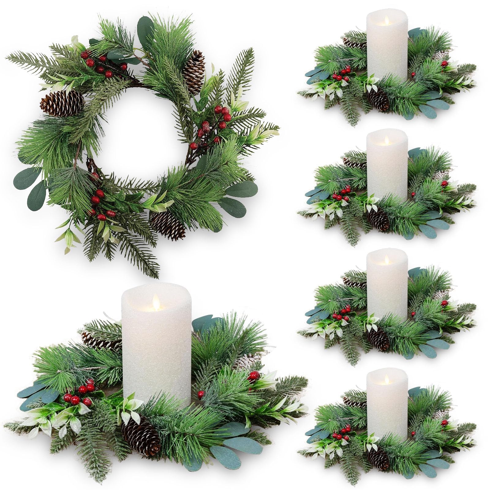 6 PCS Christmas Candle Rings Wreaths Small Christmas Norfolk Pine Wreaths with Berries Pinecone Mini Snowy Pine Wreath Cedar Candle Ring Holder for Table Centerpiece Cabinets Fireplace Windows Door