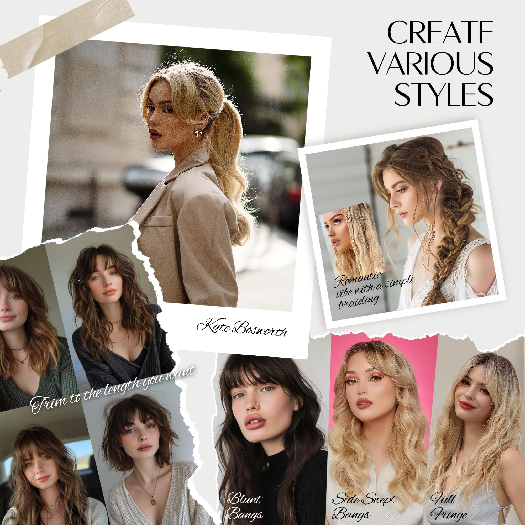 Hair Toppers para mujer: 20 rizado ondulado, rubio miel y marrón claro sintético clip en pelo con flequillo y volumen 6