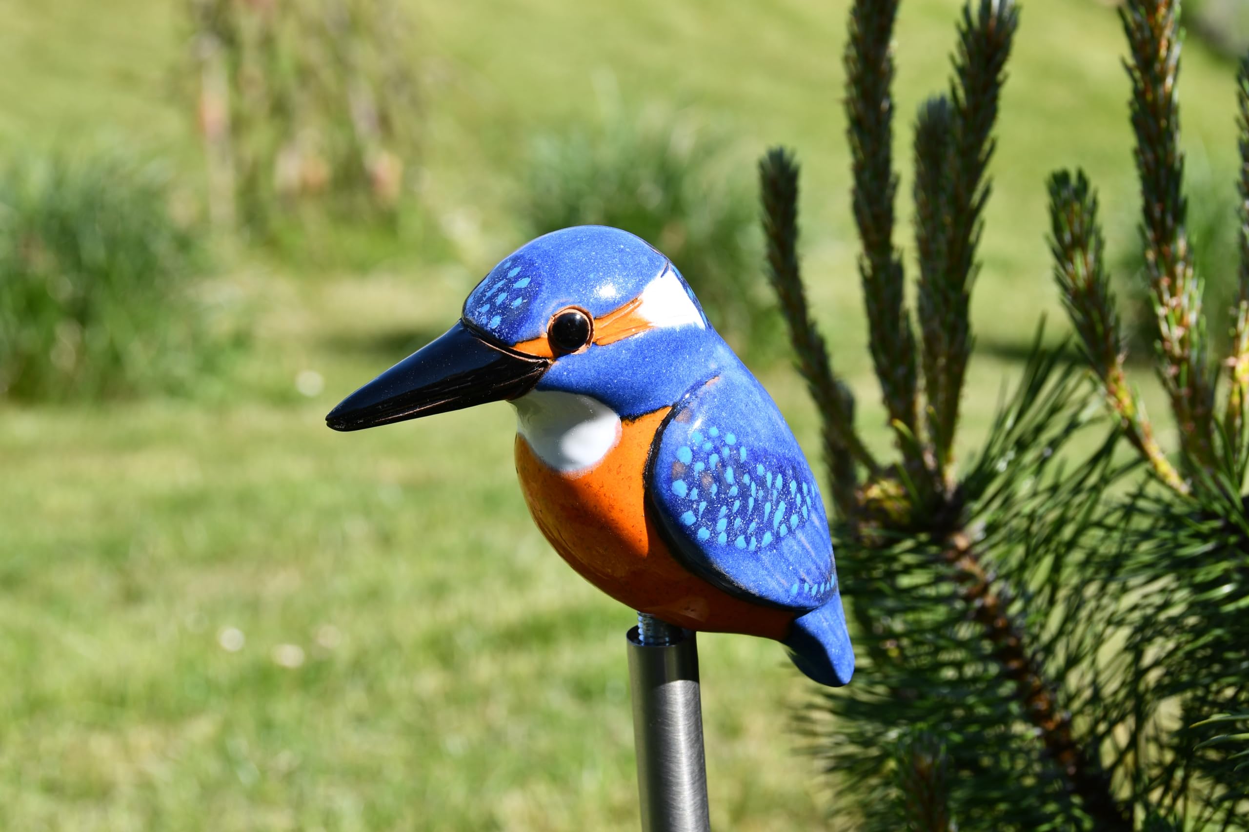 Gartenstecker Keramik Handgefertigt - Gartendeko für Draußen Wetterfest - Garten Deko Keramik - Vogel Gartenfiguren & Gartenstatuen - Eisvogel