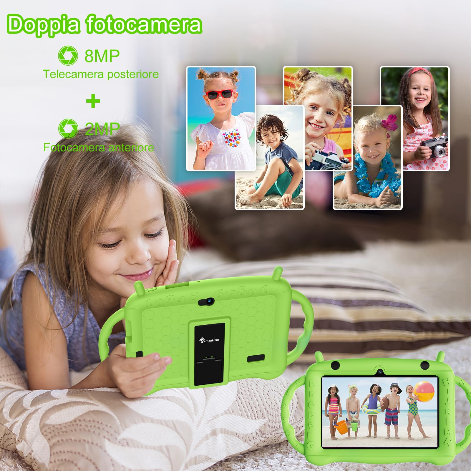 Tablet Bambini 7 pollici Android 12, 2+32 GB (128 TF), Kids Tablet con Controllo Genitori, Doppia Fotocamera, Bluetooth, WiFi, Custodia Protettiva, APP bambini, YouTube (Verde)