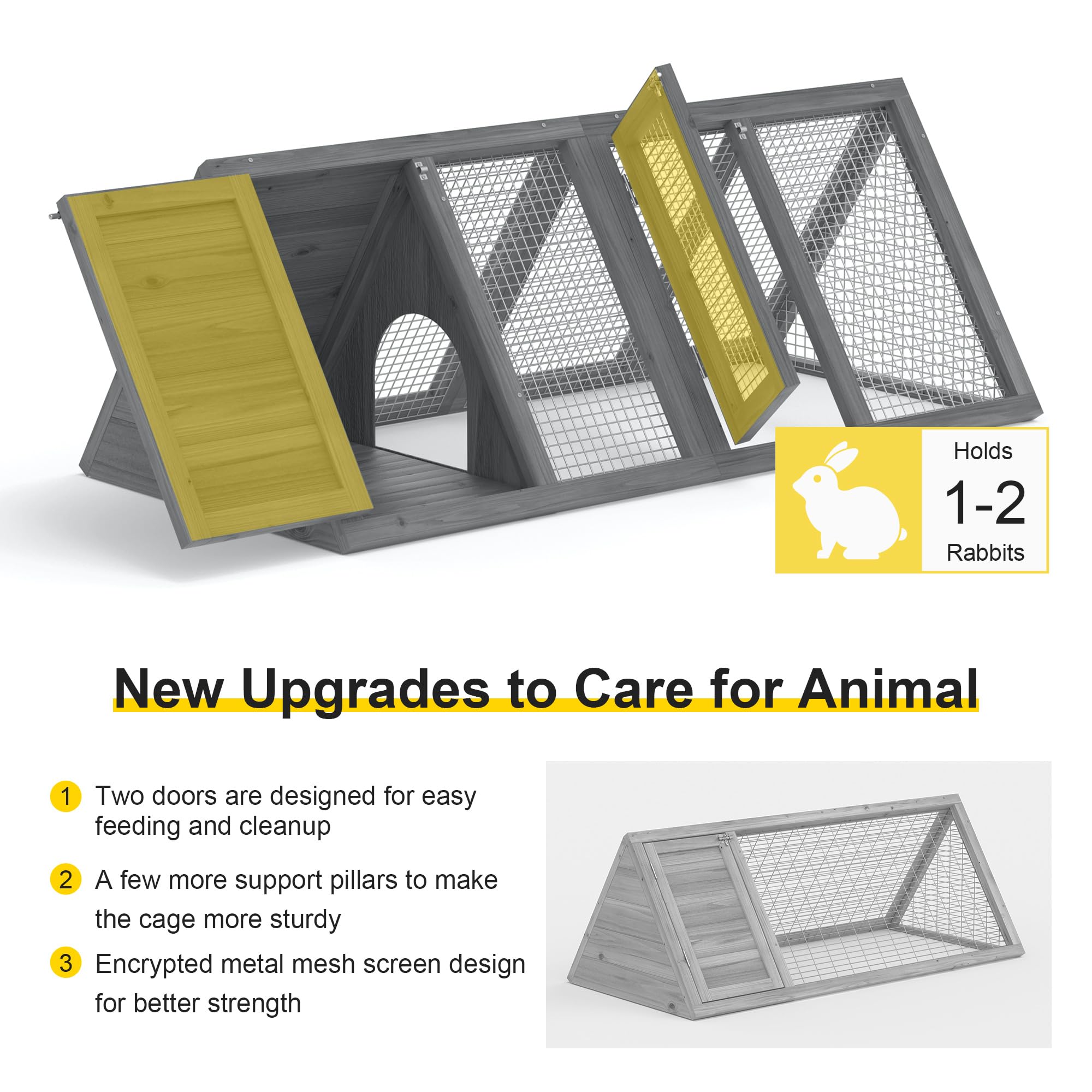 Jaula para conejos, gallinero pequeño para exteriores, jaula de codorniz con marco en A con 2 puertas y jaula de corral, jaula triangular de madera con alambre de ventilación para animales pequeños