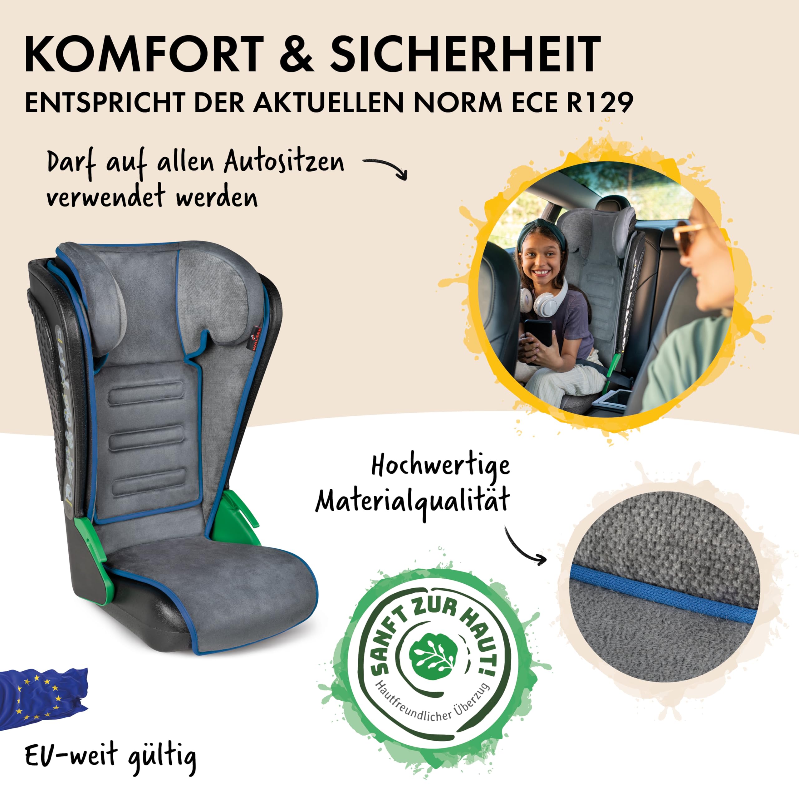WALSER Auto Kindersitz Noemi, extra schmaler Reisekindersitz 3-8 Jahre 100-135 cm, klappbare Sitzerhöhung ECE R129 waschbar Schwarz/Blau