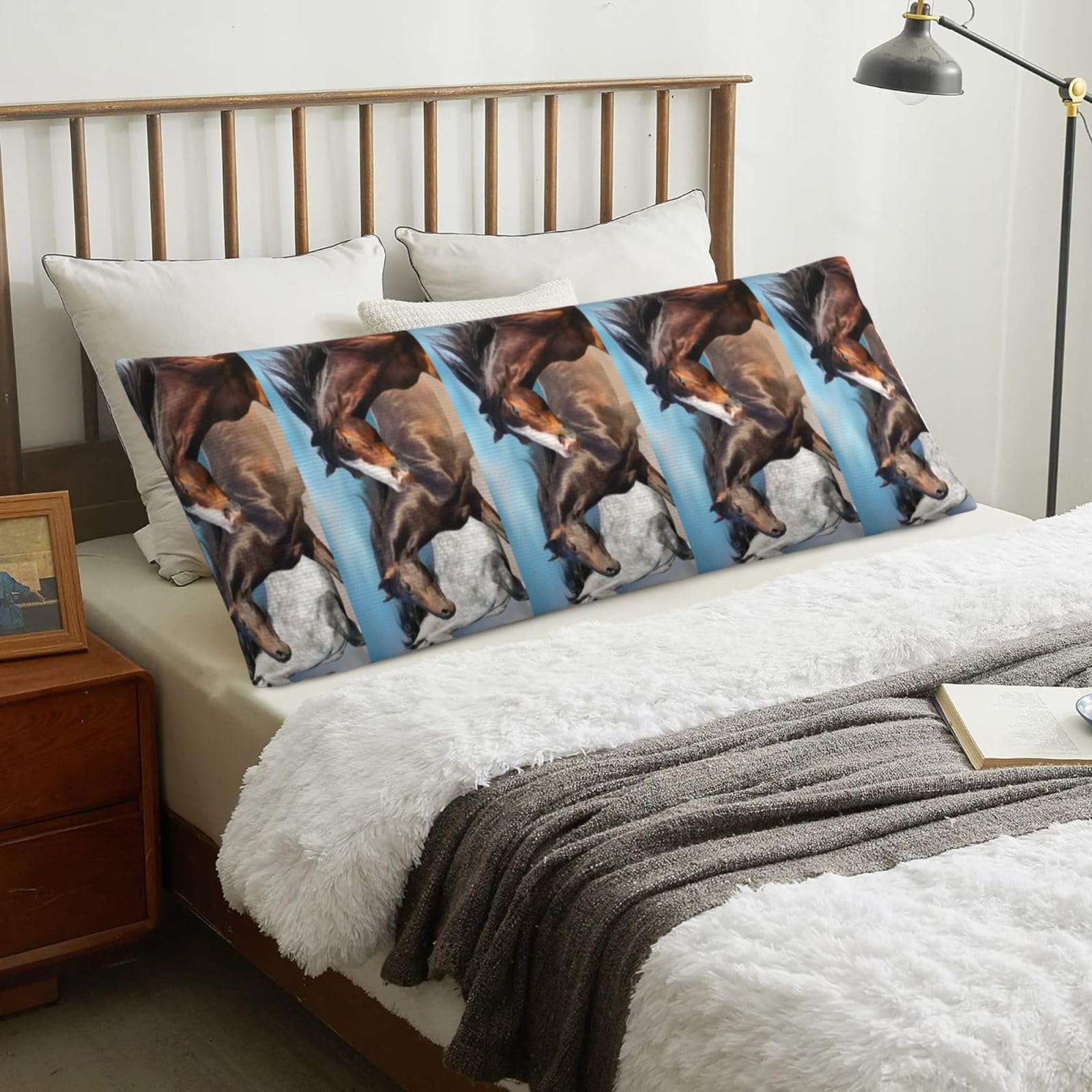 White Horses, Body Pillow Cover with Zipper,Long Body Pillowcase 20 x 60 in