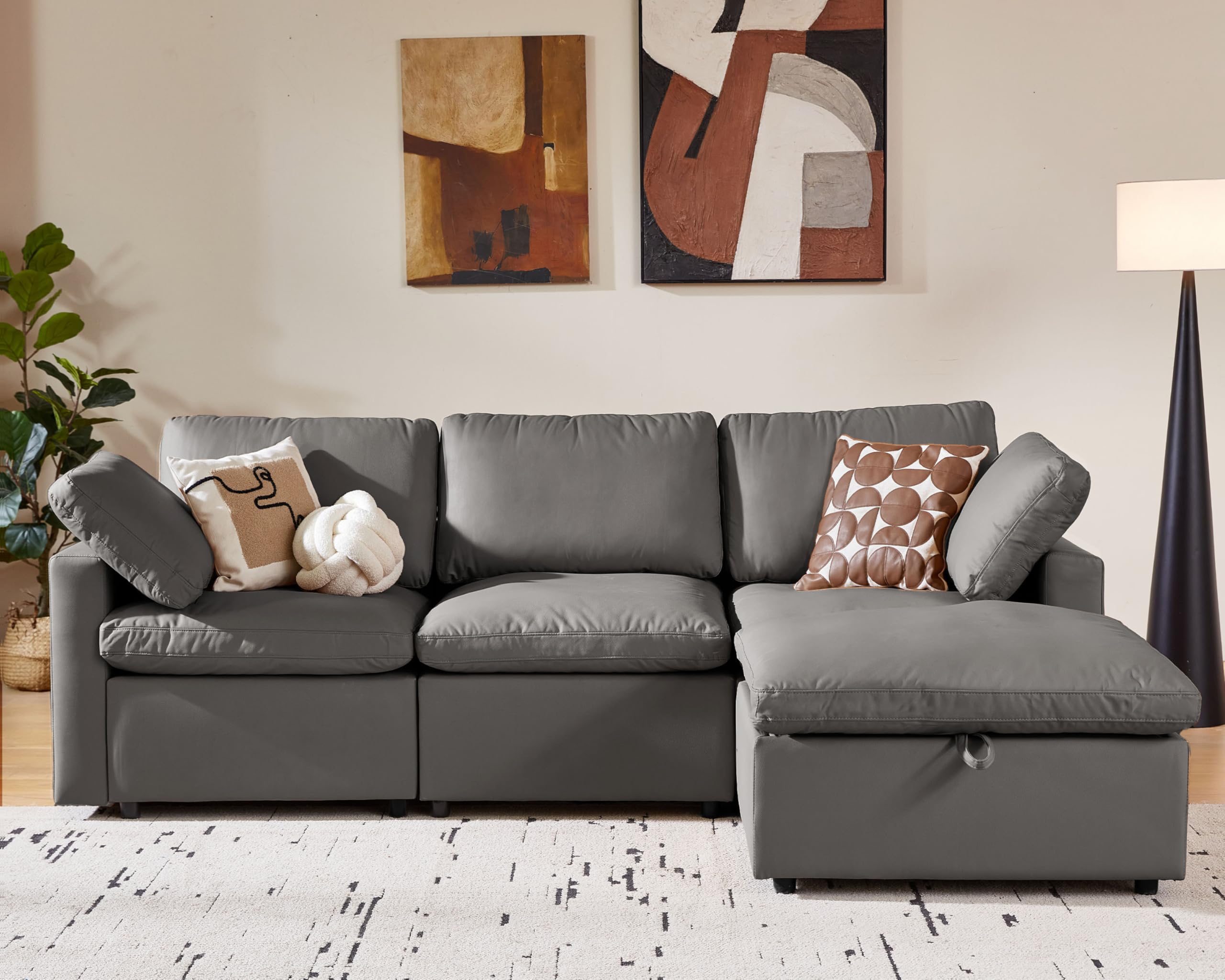 WEUP 102" Faux Leather Sectional Couch, L Shaped Modular Sofa, with Storage Ottoman, Scratch Resistant Leather Sofa, Spacious Deep Seat, Mid Century