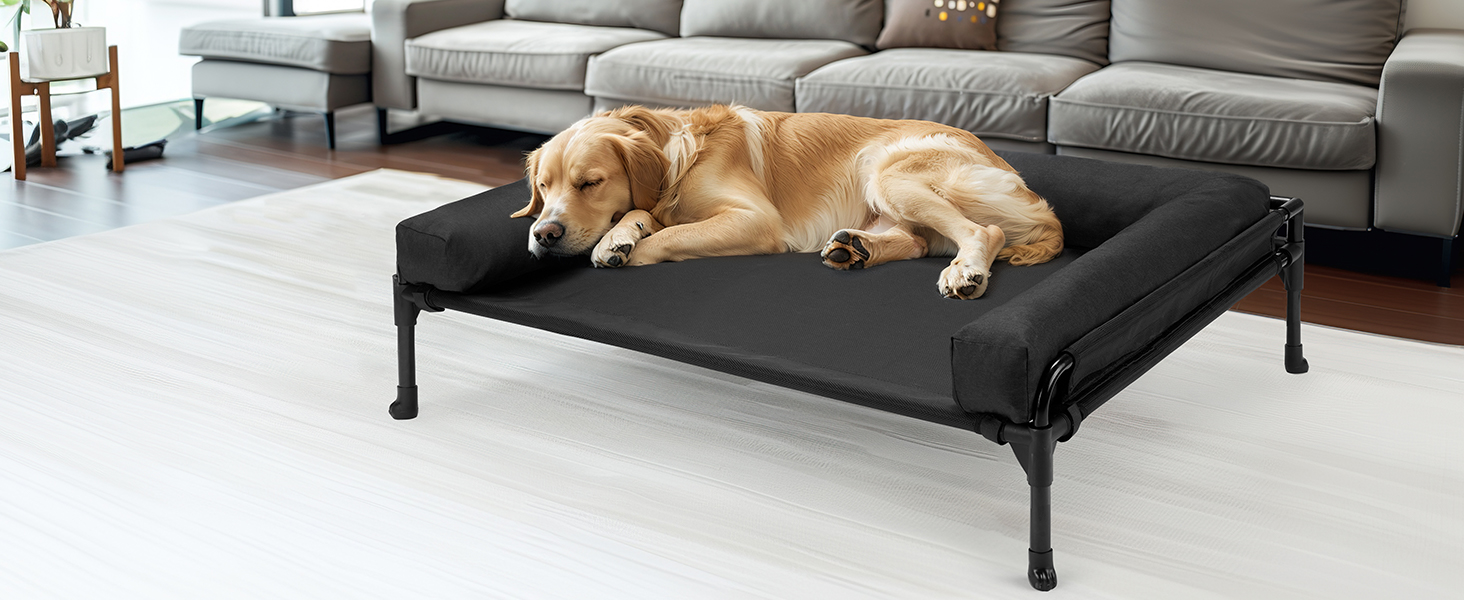 RRPETHOME Verhoogd verkoelend hondenbed, verhoogde bedden voor grote honden - buiten, kauwbestendig, draagbaar huisdierenbed, slipbestendige voeten, frame met ademend gaas