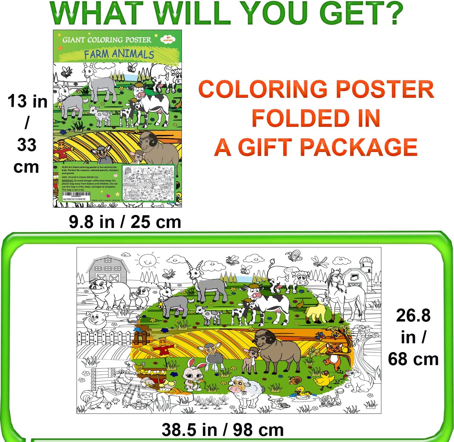 ALEX Art Kids Coloring Poster - Farm Animal Jumbo Coloring Poster for Toddlers - Giant Coloring Posters for Kids Ages 4-8 - Extra Large Coloring Pages - Floor Coloring Sheets Wall Size 38.5”x26.7”