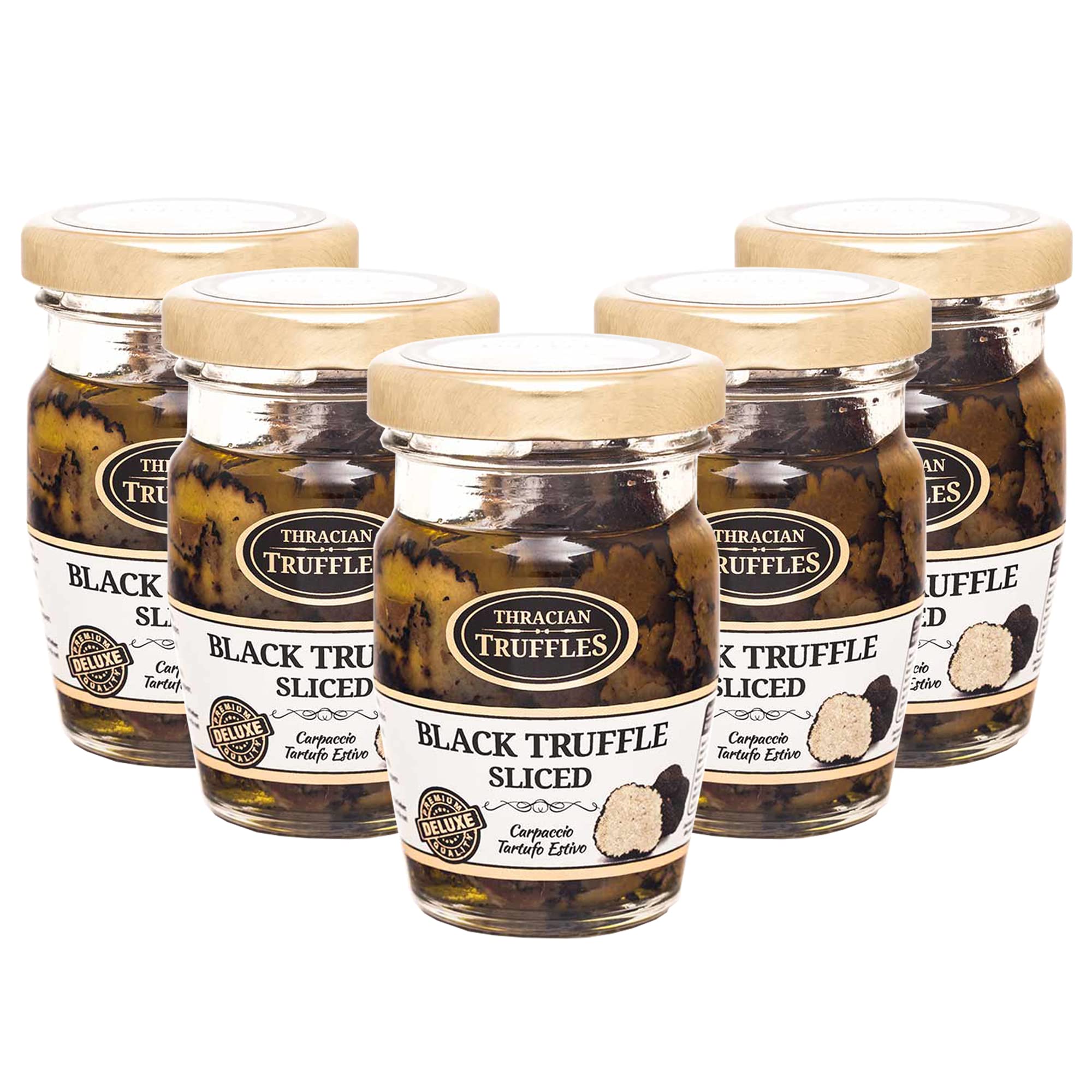 Carpaccio Tartufo Gourmet à la Truffe d'Été Noire 70% Tuber Aestivum Conservée à l'Olive Extra Vierge Truffes noires pelures (5 x 60g)