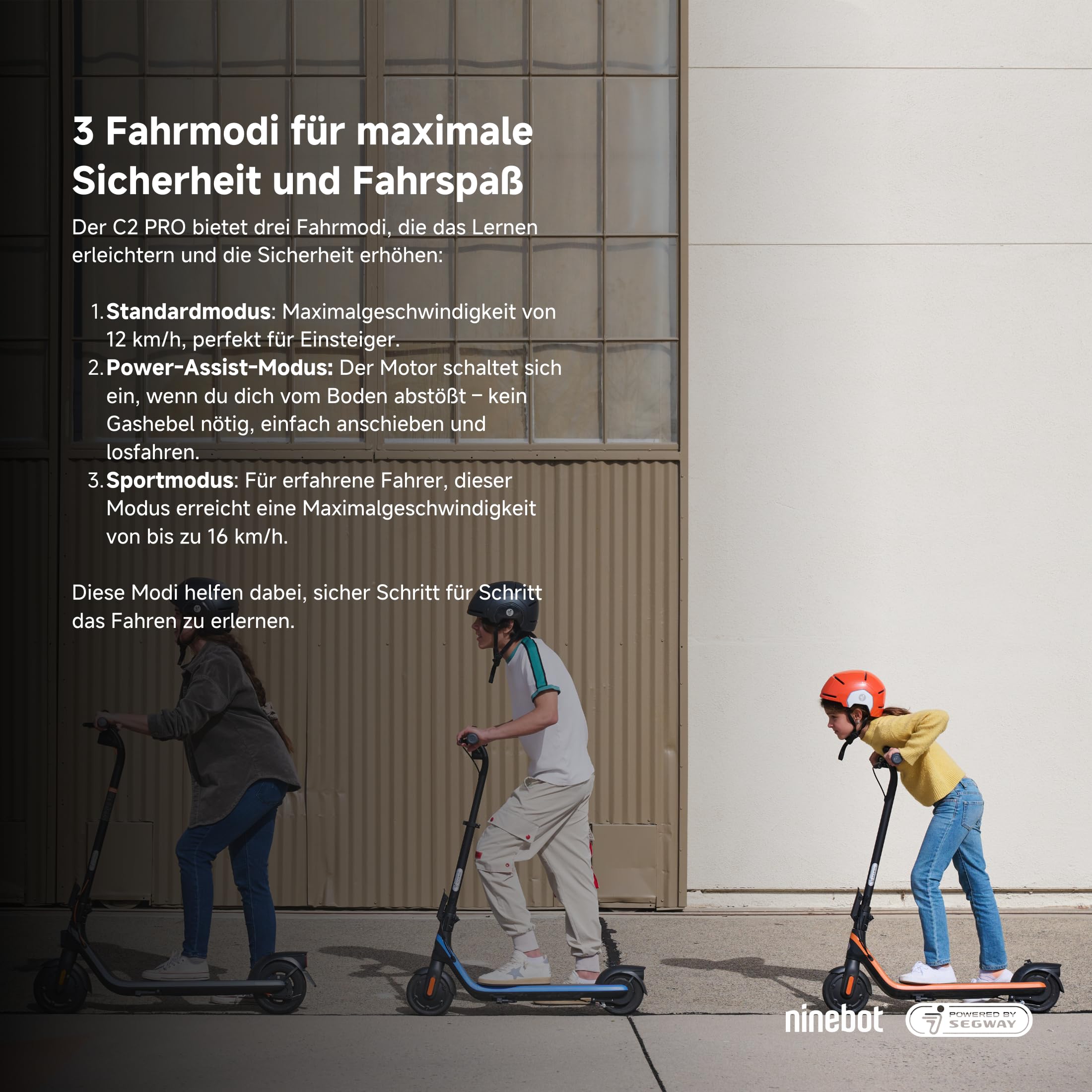 Segway-Ninebot, Elektrischer KickScooter, Modell C2 Pro E für Kinder und Jugendliche, 3 Fahrmodi mit 16 km/h Höchstgeschwindigkeit, 17 km Reichweite