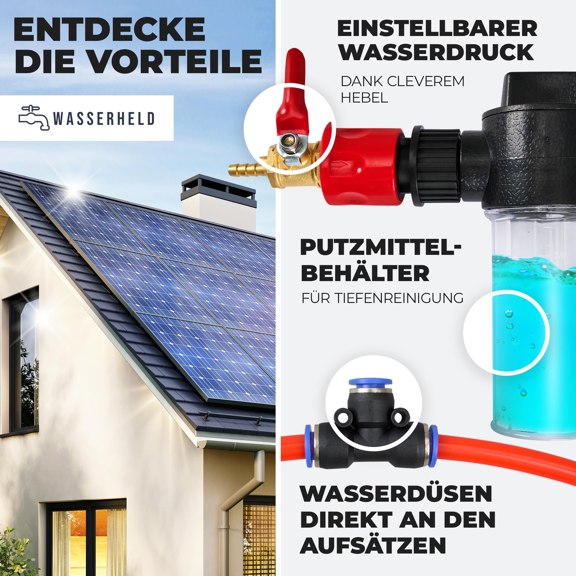 Teleskop Waschbürste mit Wasseranschluss [4,4m Teleskopstiel] – Teleskopstange für Fensterreinigung | Teleskopbesen-Fensterwischer, Dachrinnenreiniger Reinigungsset (Schwarz Rot, 4,4 Meter)