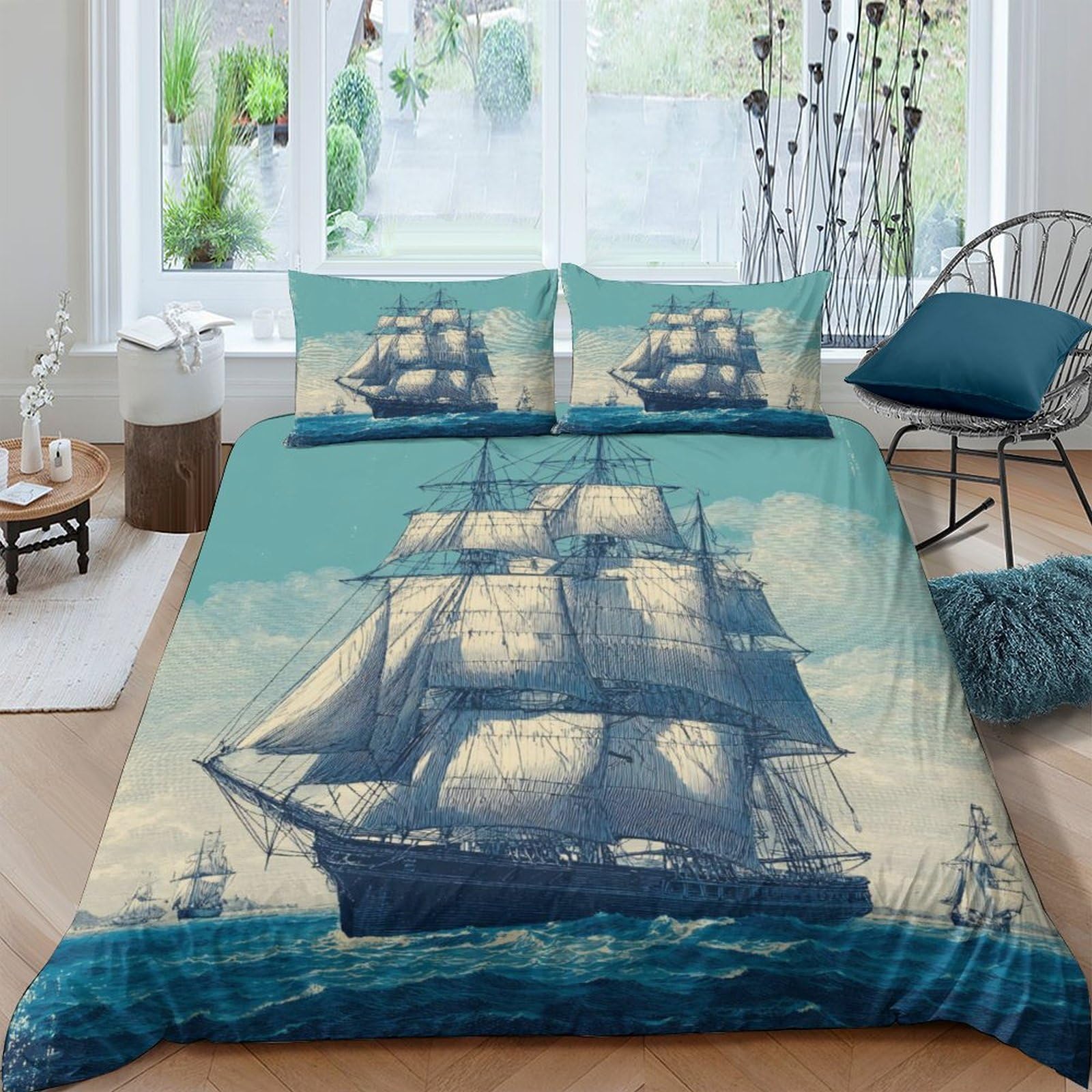 GPLZQXKJNH 3D Printed Vintage Sailing Ship Duvet Cover Microfiber Soft Breathable Ocean Blue Bedding Set with 2 Pillowcases for Bedroom Decor Single（135x200cm）