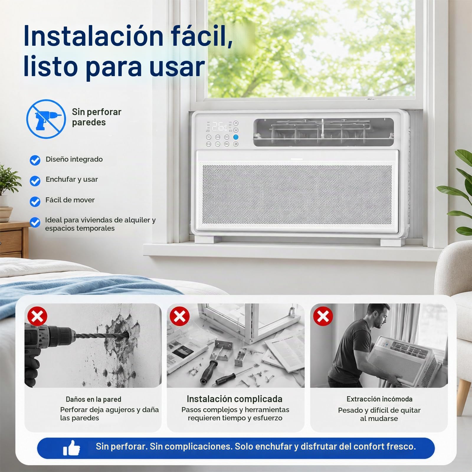 Aire Acondicionado de Ventana Inverter 9000 BTU, Enfría hasta 19 m², Aire Acondicionado de Ventana Ultrasilencioso, Inverter DC, 3 Modos de Refrigeración, para Dormitorio