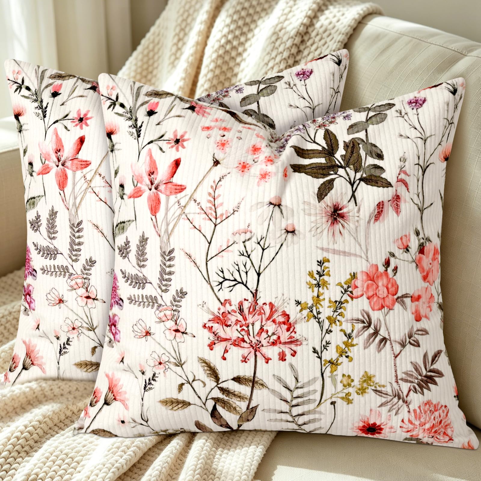 Dremisland Corduroy Cushion Covers 45x45 Set of 2 Vintage Floral Plants Accent Sofa Cushions Farmhouse Decorative Cushions Throw Pillowcases Square Cottage Pillow Covers for Sofa Chair Bed Living Room