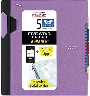 Five Star Caderno espiral + aplicativo de estudo, 5 assuntos, papel pautado universitário, caderno avançado com protetor espiral, divisórias móveis com abas e bolsos expansíveis, 200 folhas, roxo (820013G)