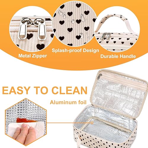 Miniatura 5 de Lonchera infantil de pana con aislamiento térmico para niñas, kit de bolsa de almuerzo reutilizable para viajes escolares (corazón)