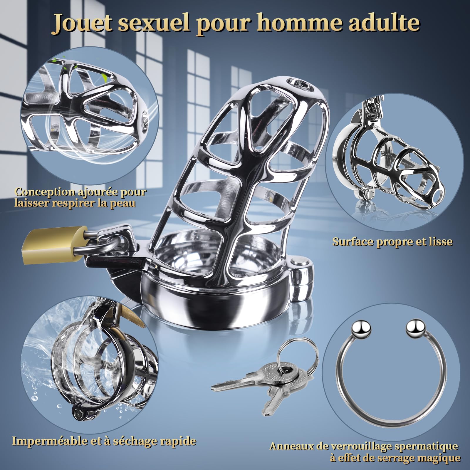 Cage de Chasteté Pénis Sex Toýs homme, Bondage Jouet Sexuel avec 3 Anneaux de Taille Active, 3 Anneaux Péniens en Métal, 2 Clés, Jouets pour Adultes pour Exercices Péniens et Abstinence