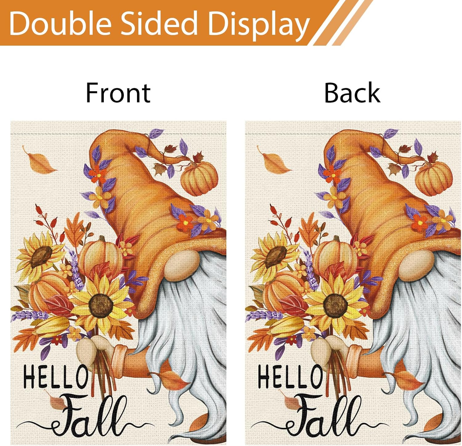 Hello Fall Gnome Garden Flag 12x18 Double Sided Burlap, Pumpkin Sunflower Garden Yard Flags for Thanksgiving Rustic Seasonal Outside Outdoor House Decoration (ONLY FLAG) - Image 6