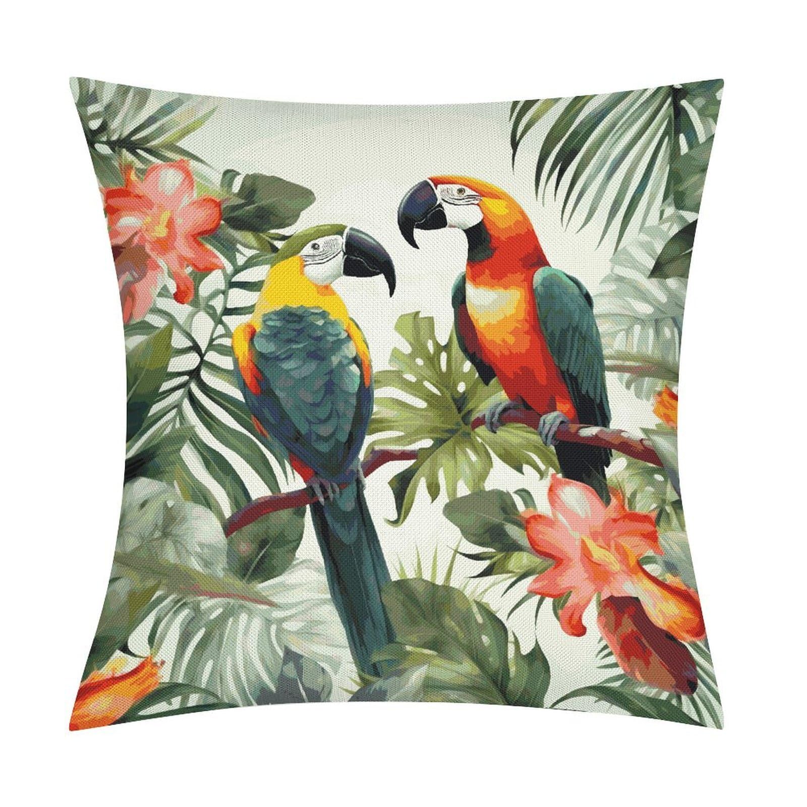 Toucans Parrot Palm Tree Leaves Throw Pillow Covers Farmhouse Pillow Cover Standard Pillow Shams Decorative Square Pillowcases Soft Pillow Cases Wrinkle Fade Resistant for Couch Home 18x18 Inch