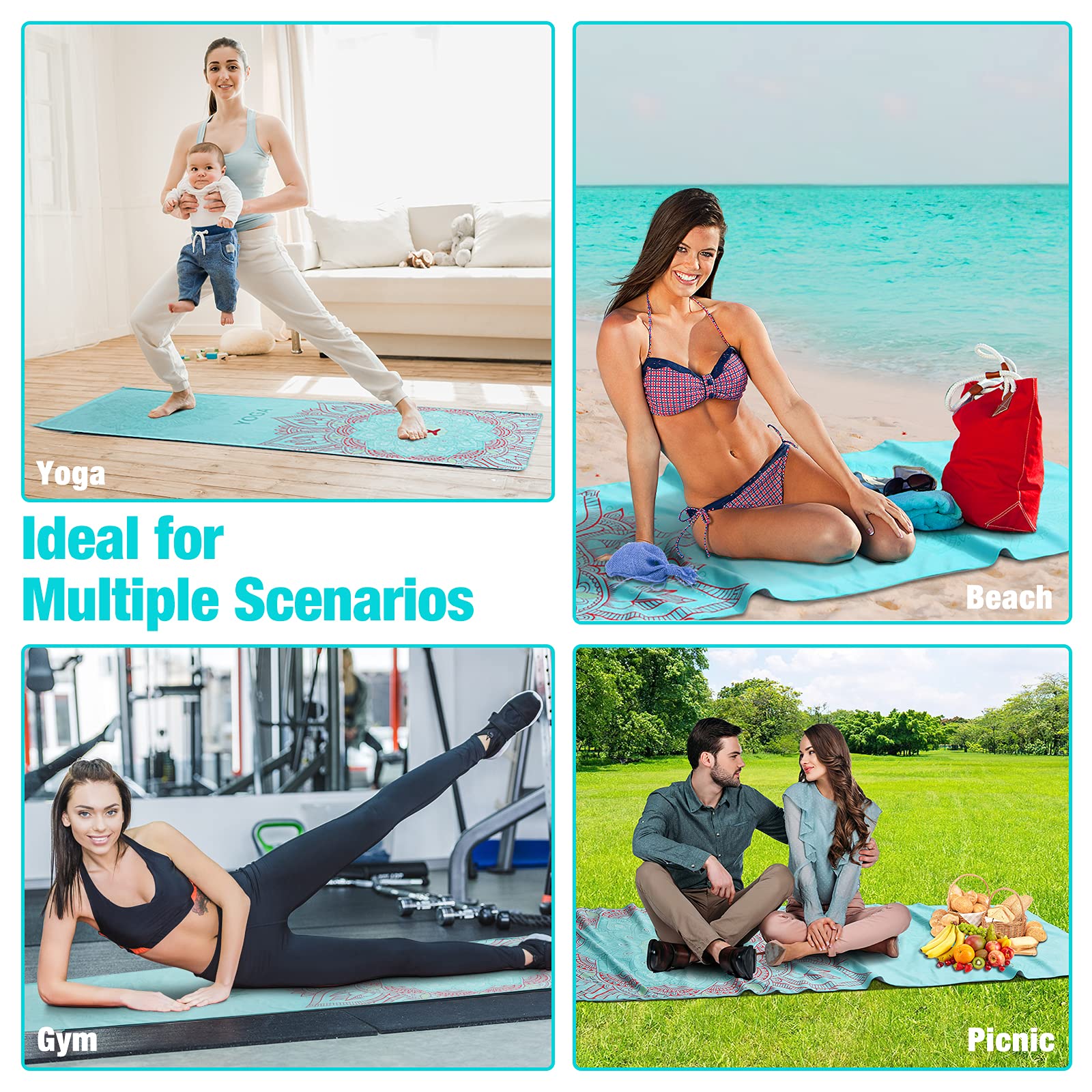 MoKo Serviette de Yoga, Tapis de Yoga Antidérapant et à Séchage Rapide avec Coins de Fixation, Couverture de Yoga Souple avec Motif d'impression pour Différents Exercices de Yoga